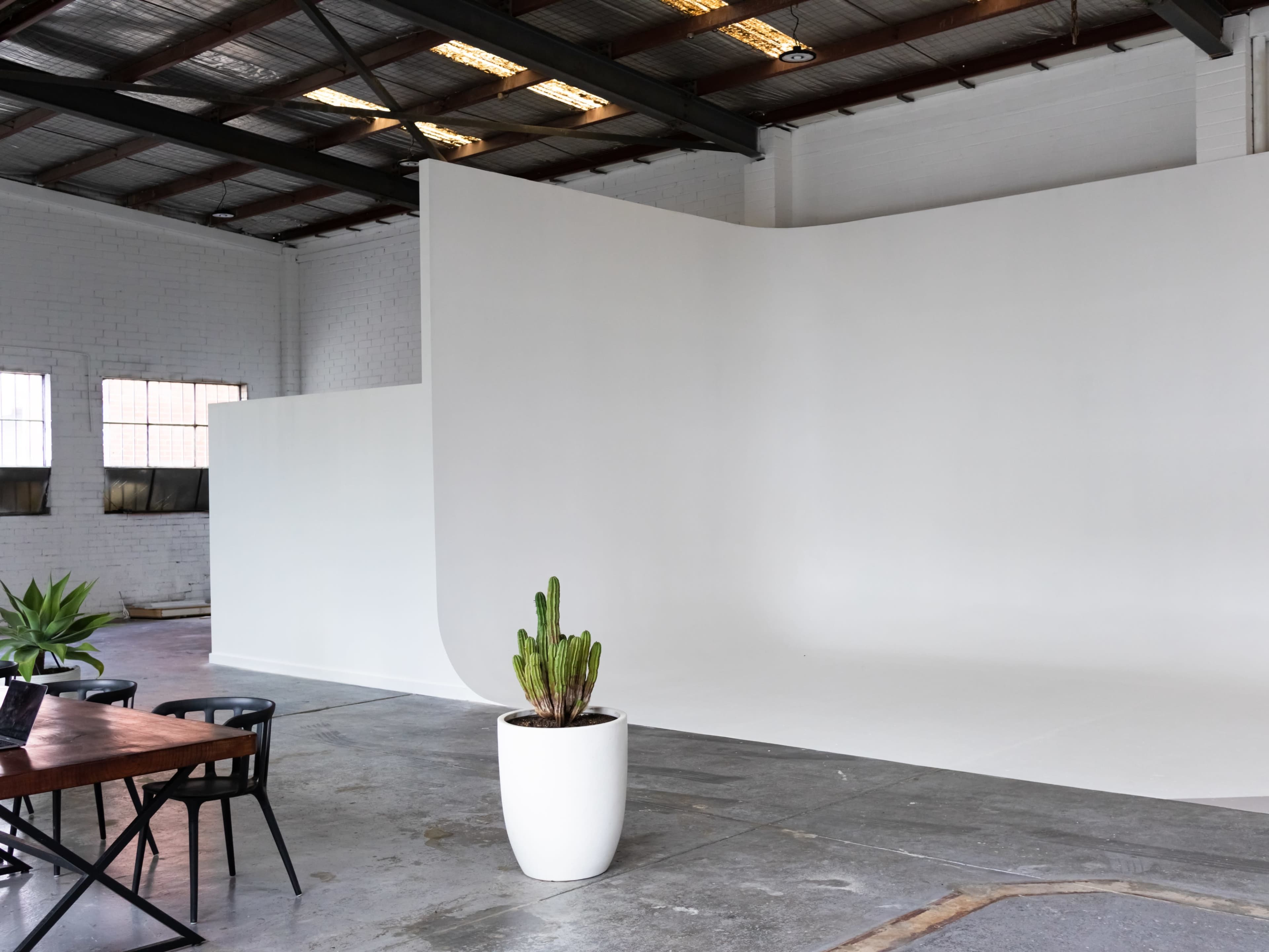 A spacious studio features a large white backdrop, a wooden table with black chairs, and a potted plant in the foreground.