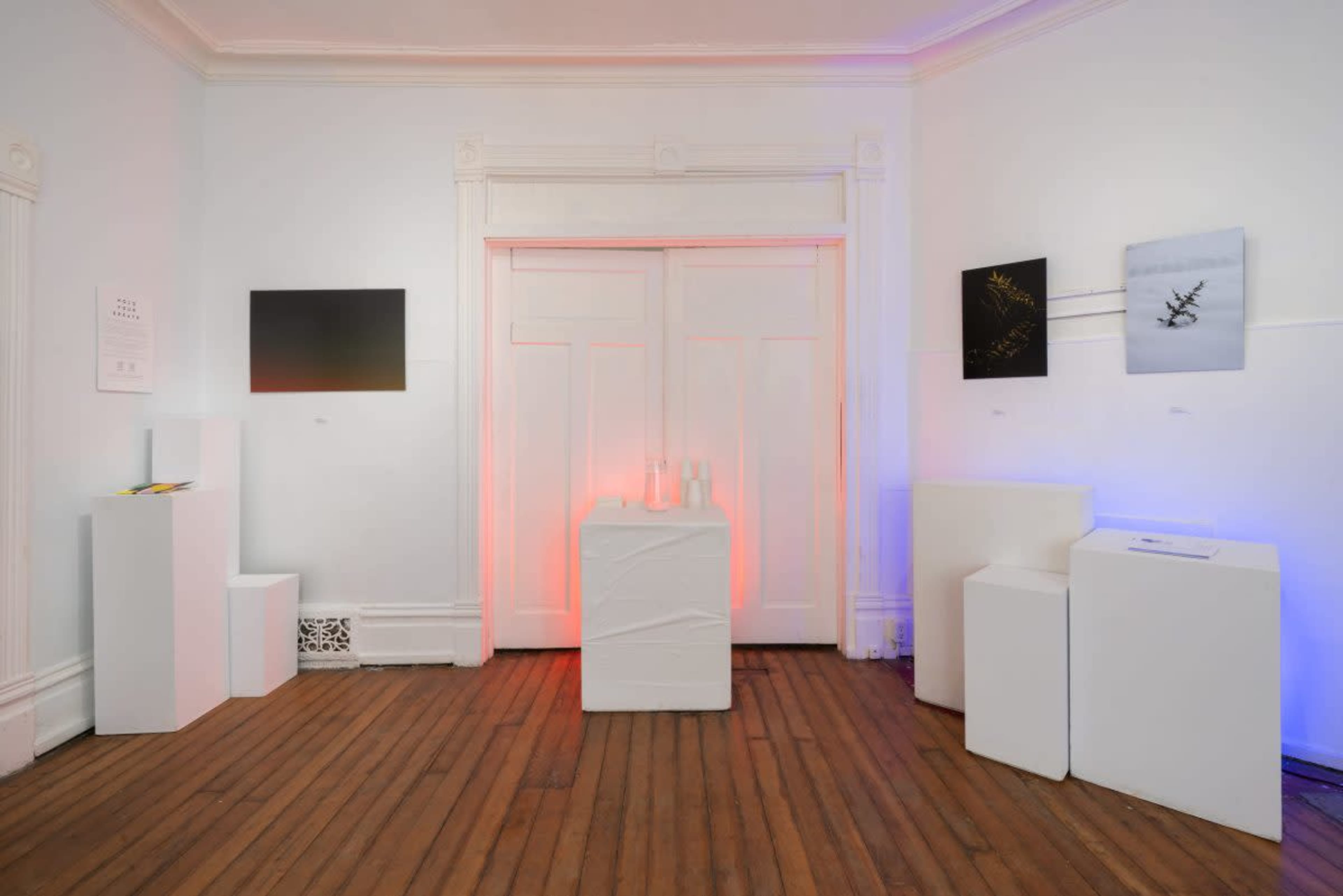 An art exhibition space with white pedestals displaying artworks, two doors in the center, and colored lighting enhancing the atmosphere.