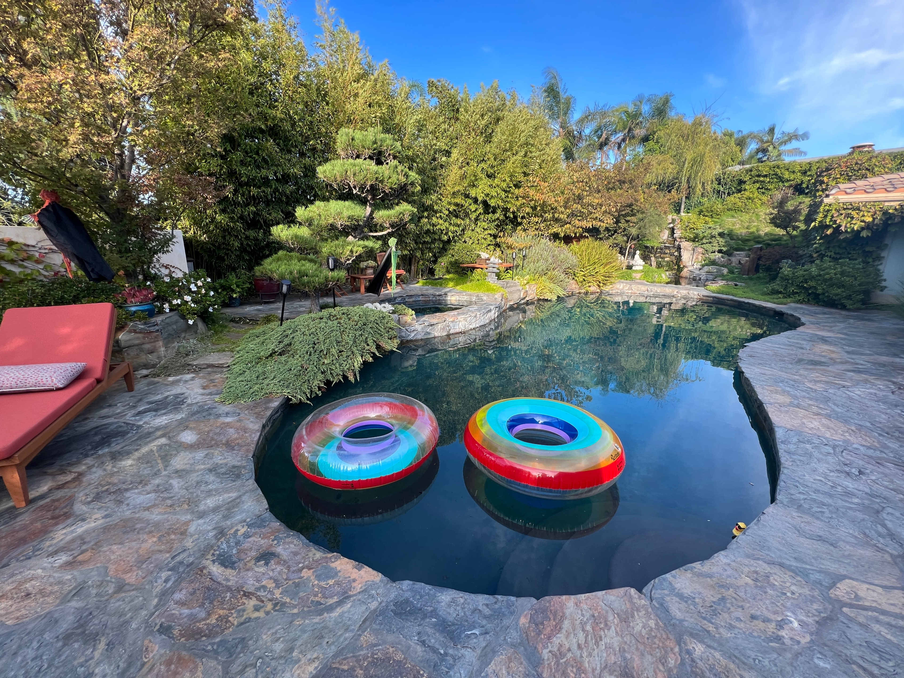 The image shows a landscaped backyard with a stone pool surrounded by greenery and two colorful inner tubes floating on the water.