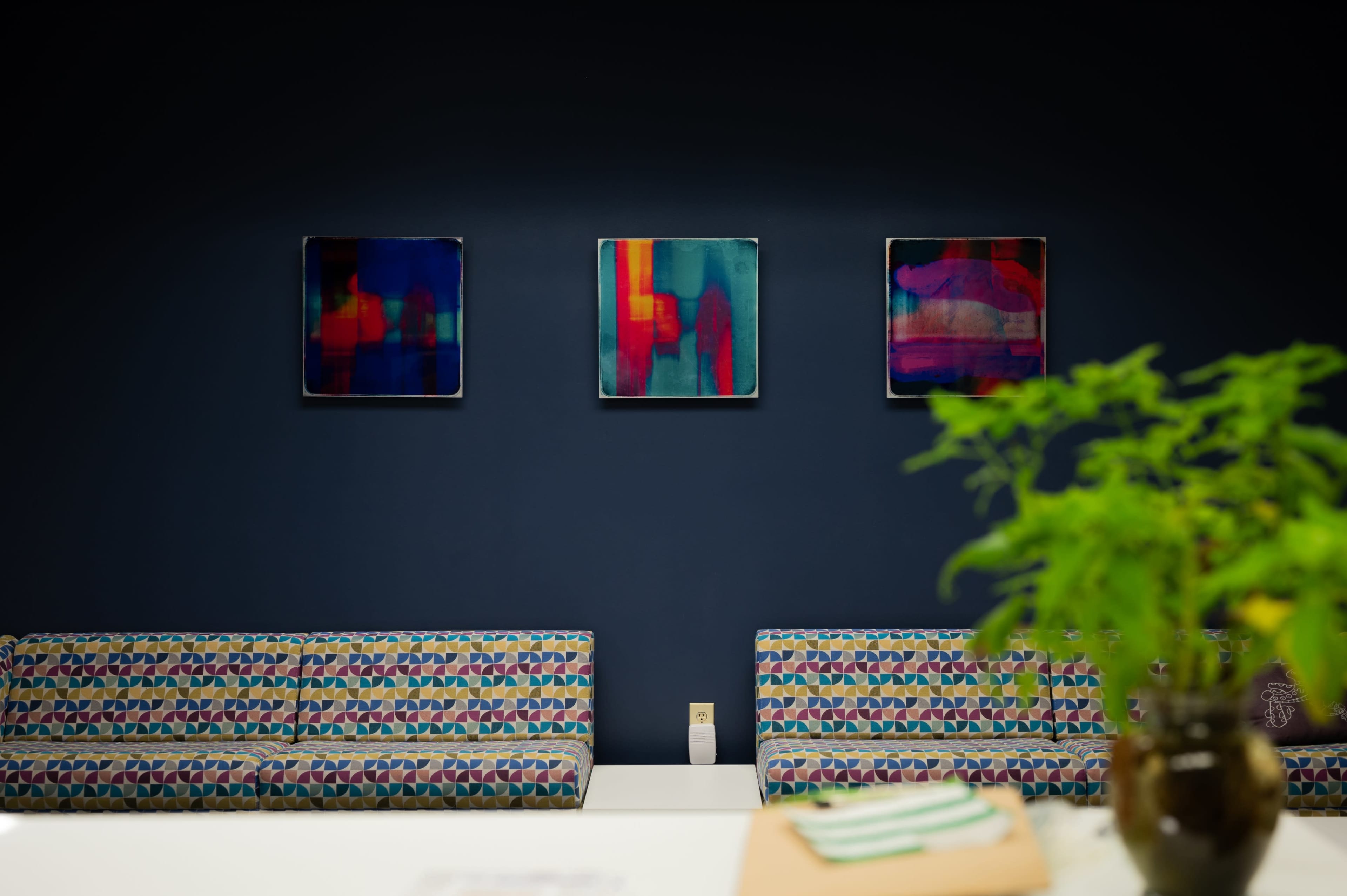 A waiting area features patterned couches, three abstract paintings on a dark wall, and a green plant in the foreground.