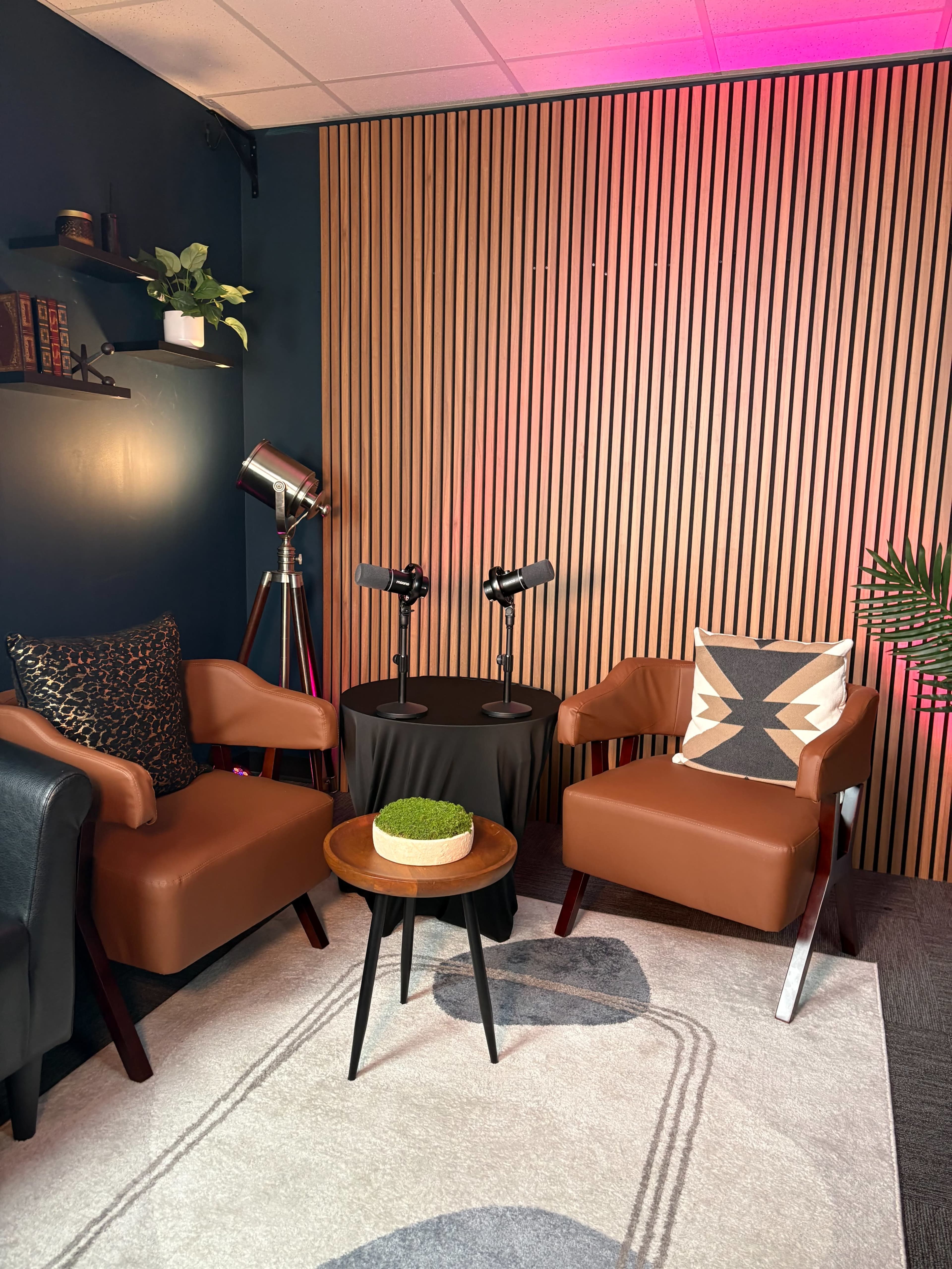 The image shows a cozy corner with two brown armchairs, a small wooden table with a decorative plant, and a backdrop of wooden paneling, all illuminated by soft lighting.