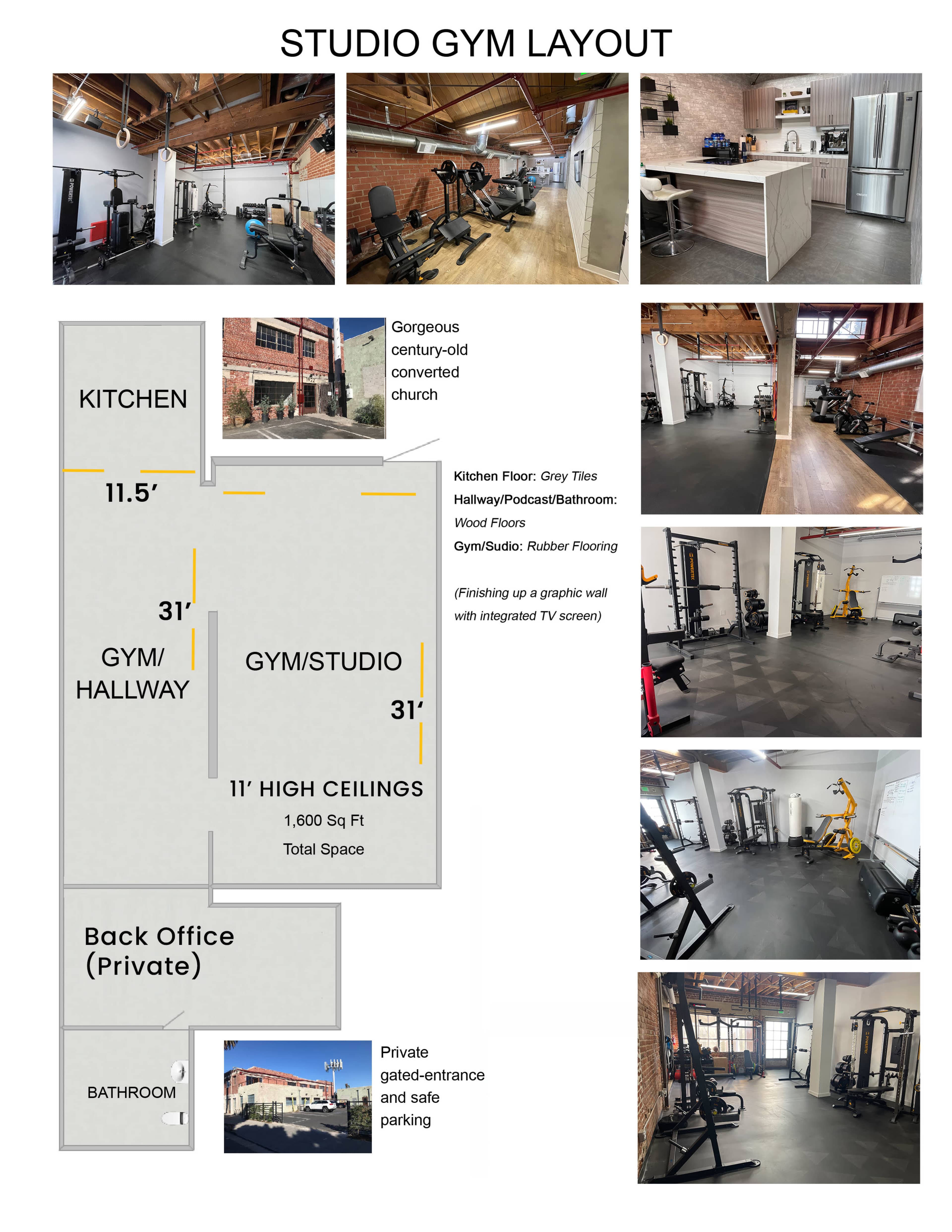 A layout plan for a studio gym that includes a kitchen, gym/studio area, hallway, back office, bathroom, and various gym equipment.