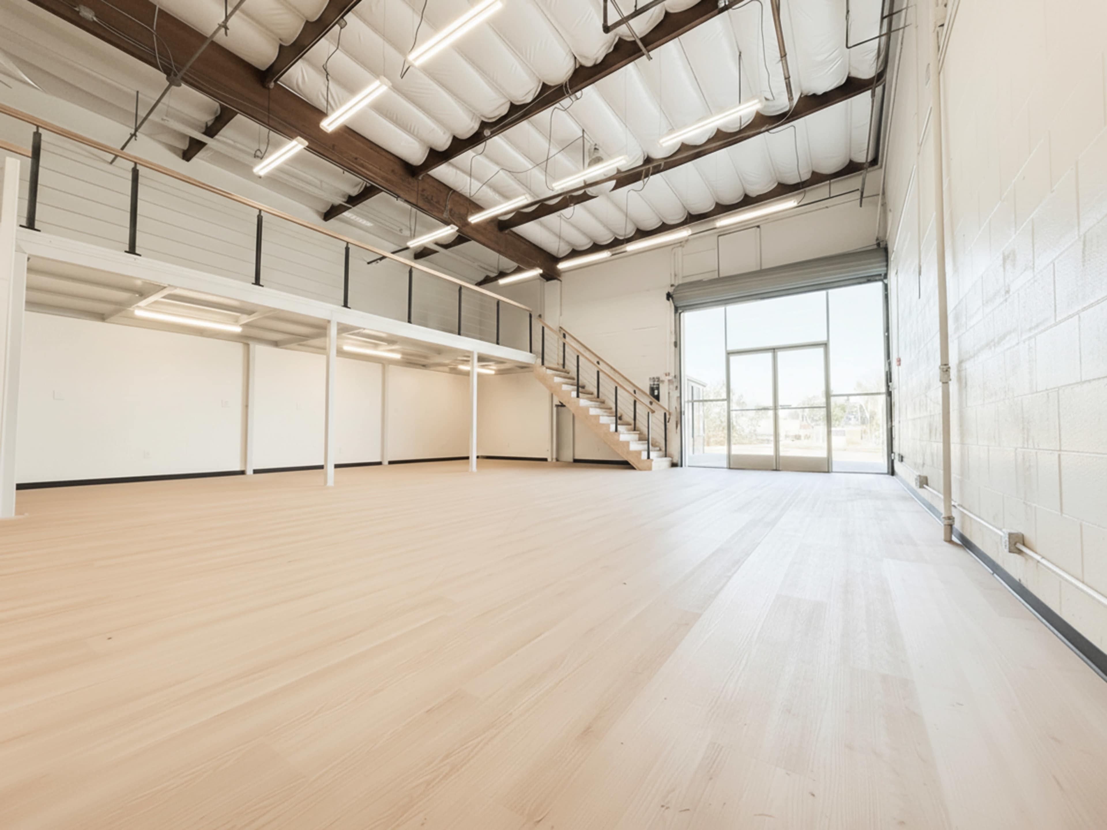 The image shows a spacious, empty interior of a modern building with wooden flooring and large windows.