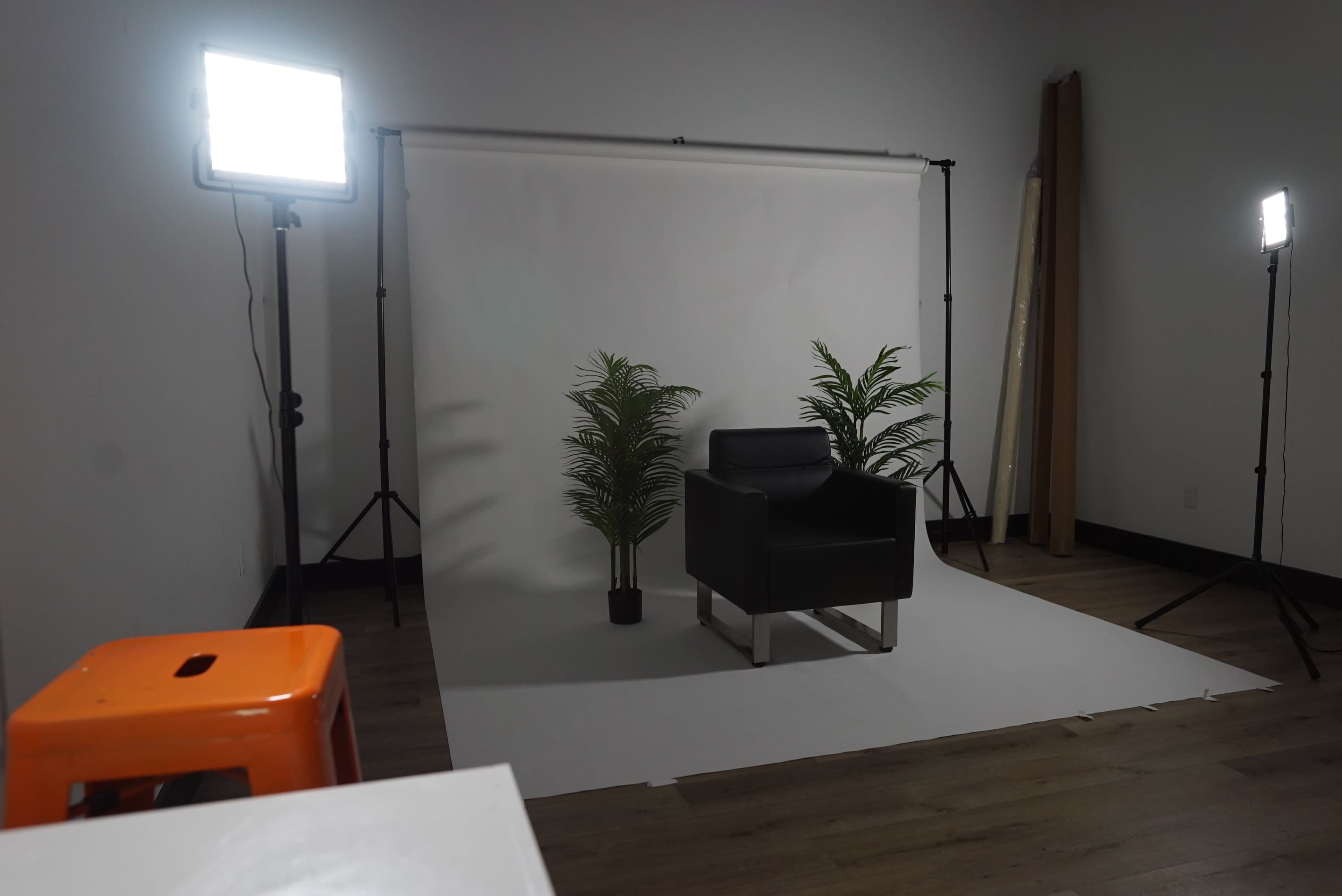 A black chair is positioned between two potted plants in a well-lit studio space with a white backdrop.