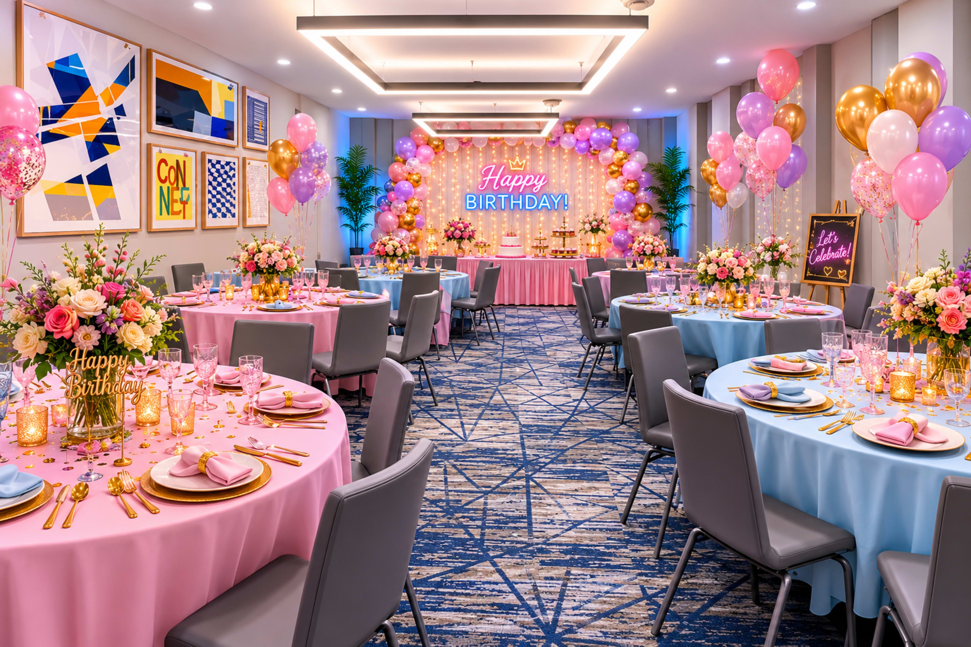 The image shows a decorated banquet room with round tables featuring pink and blue tablecloths, floral centerpieces, and balloons, all arranged for a birthday celebration.