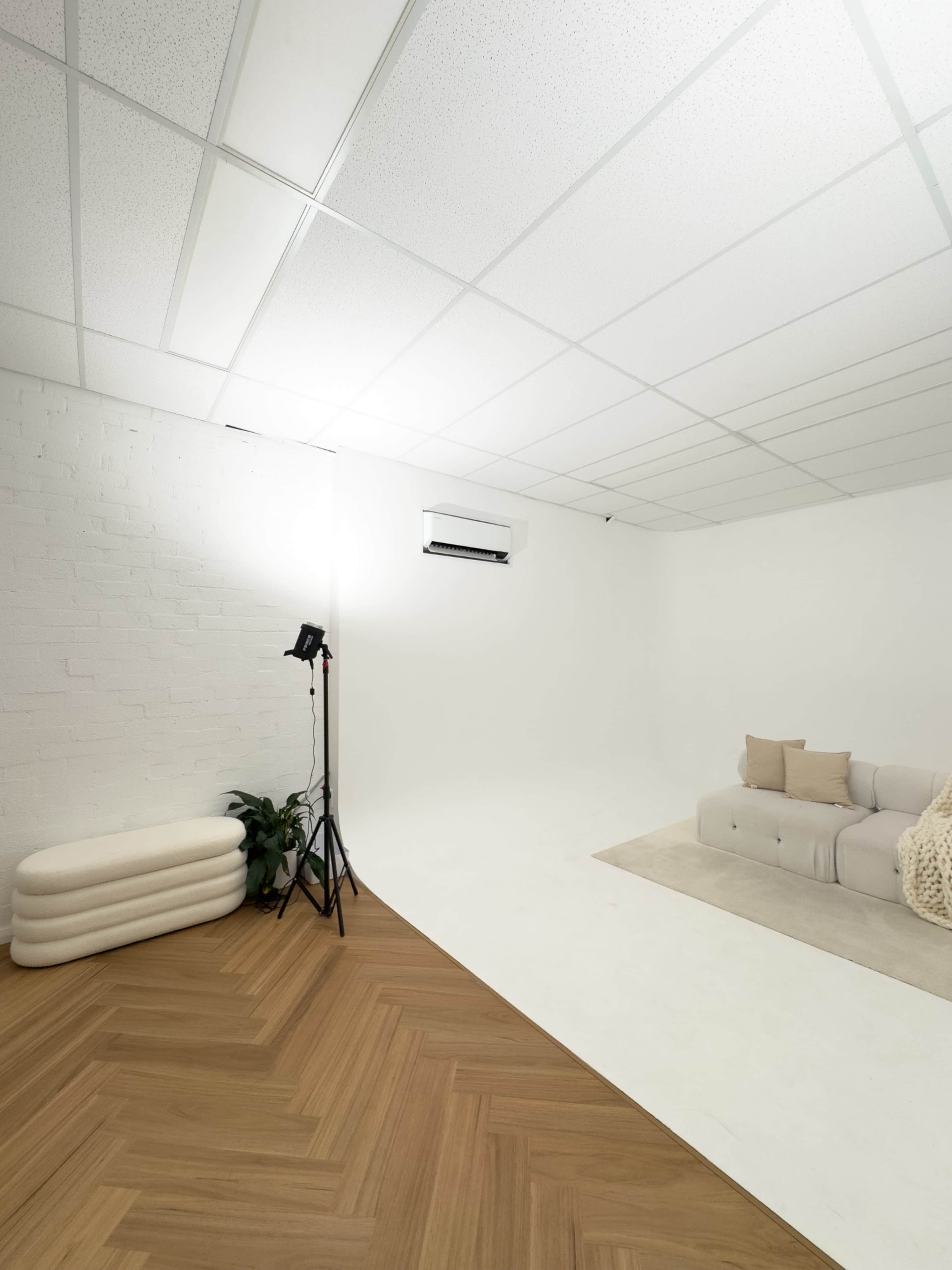 The image shows a minimalist studio space with a white wall, a beige couch, a plant, and a light stand on a wooden floor.