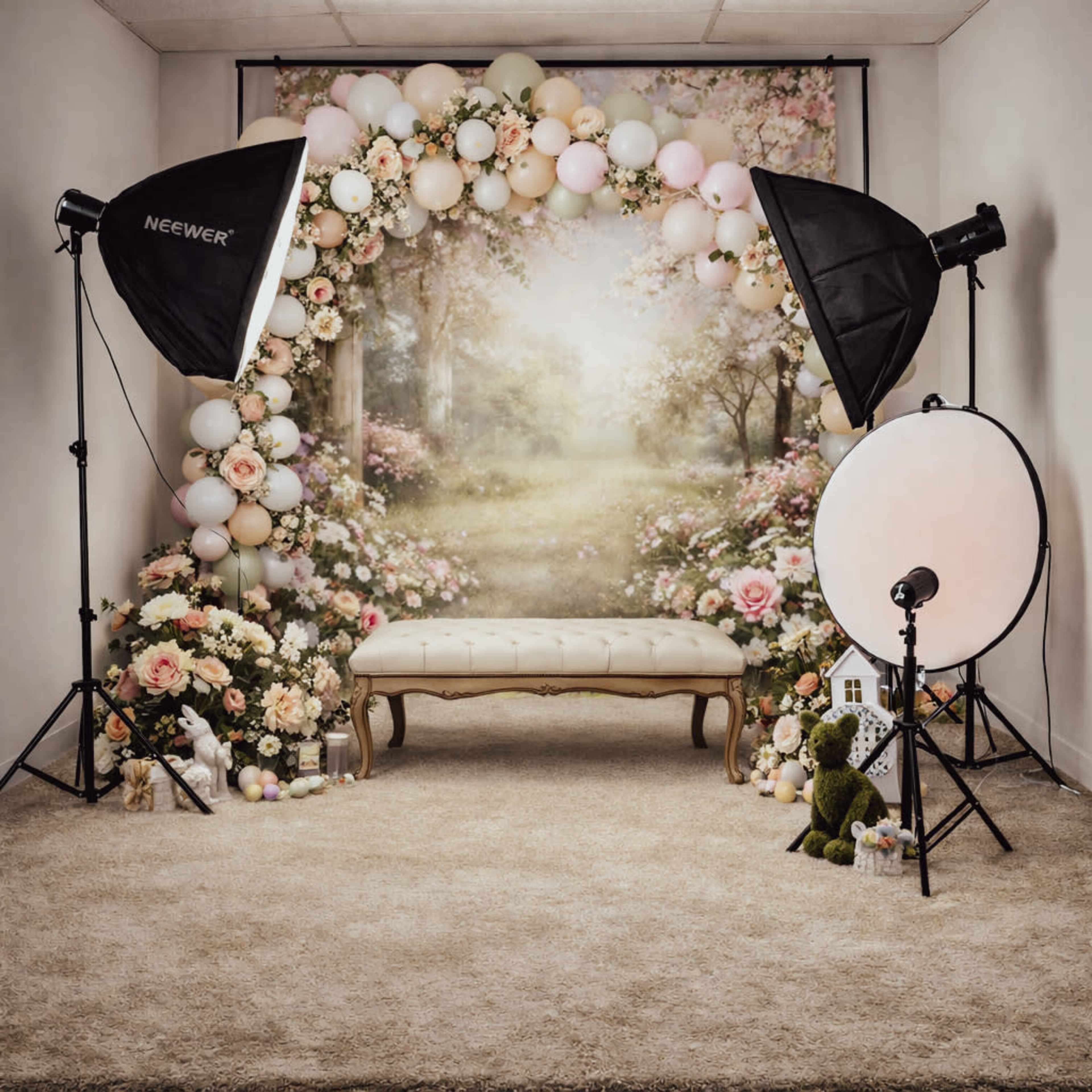 The image depicts a photography setup featuring a floral backdrop, a decorative bench, and lighting equipment in a softly lit studio.