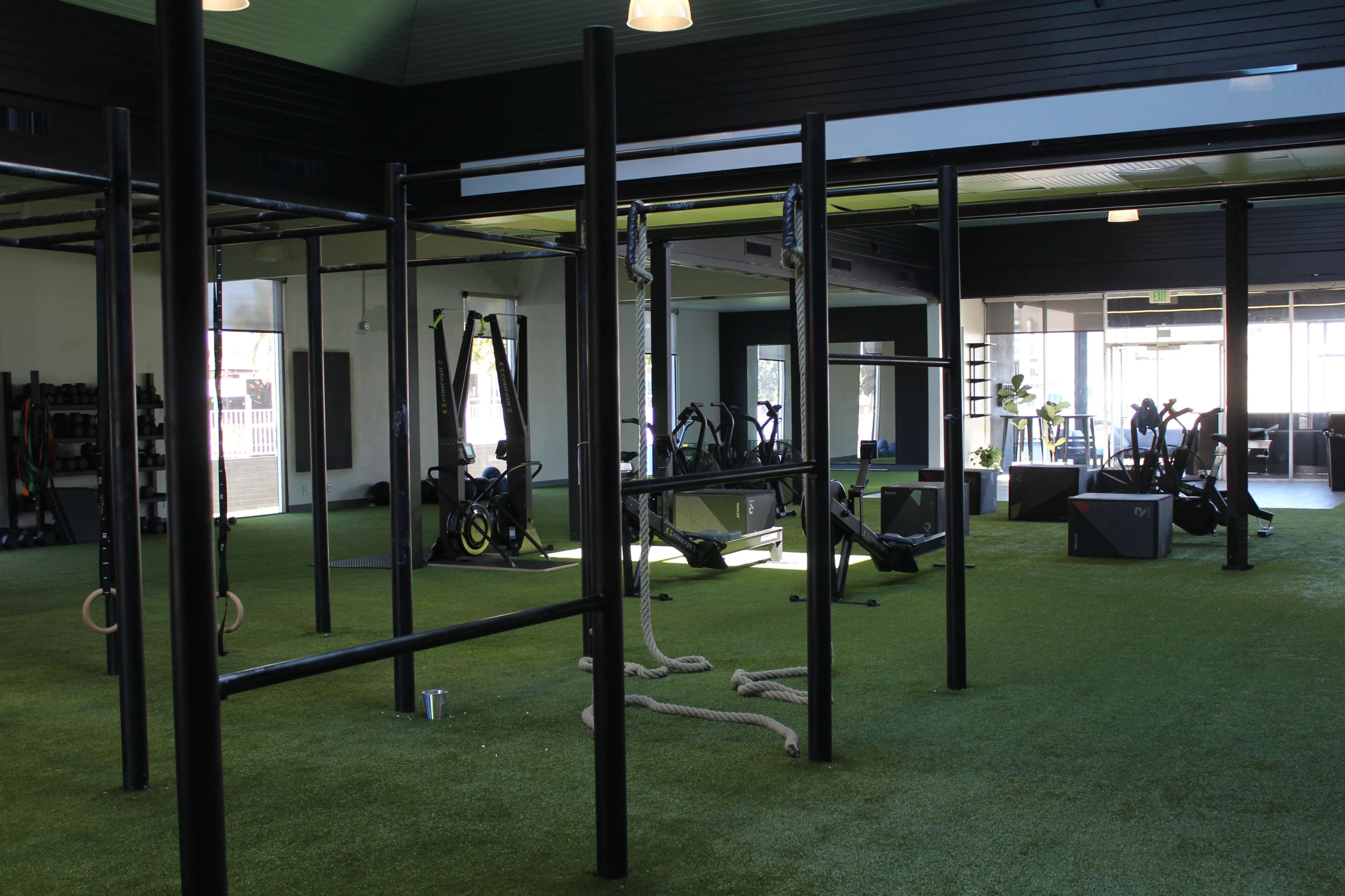 A modern gym interior with exercise equipment arranged on artificial turf, featuring pull-up bars and battle ropes.
