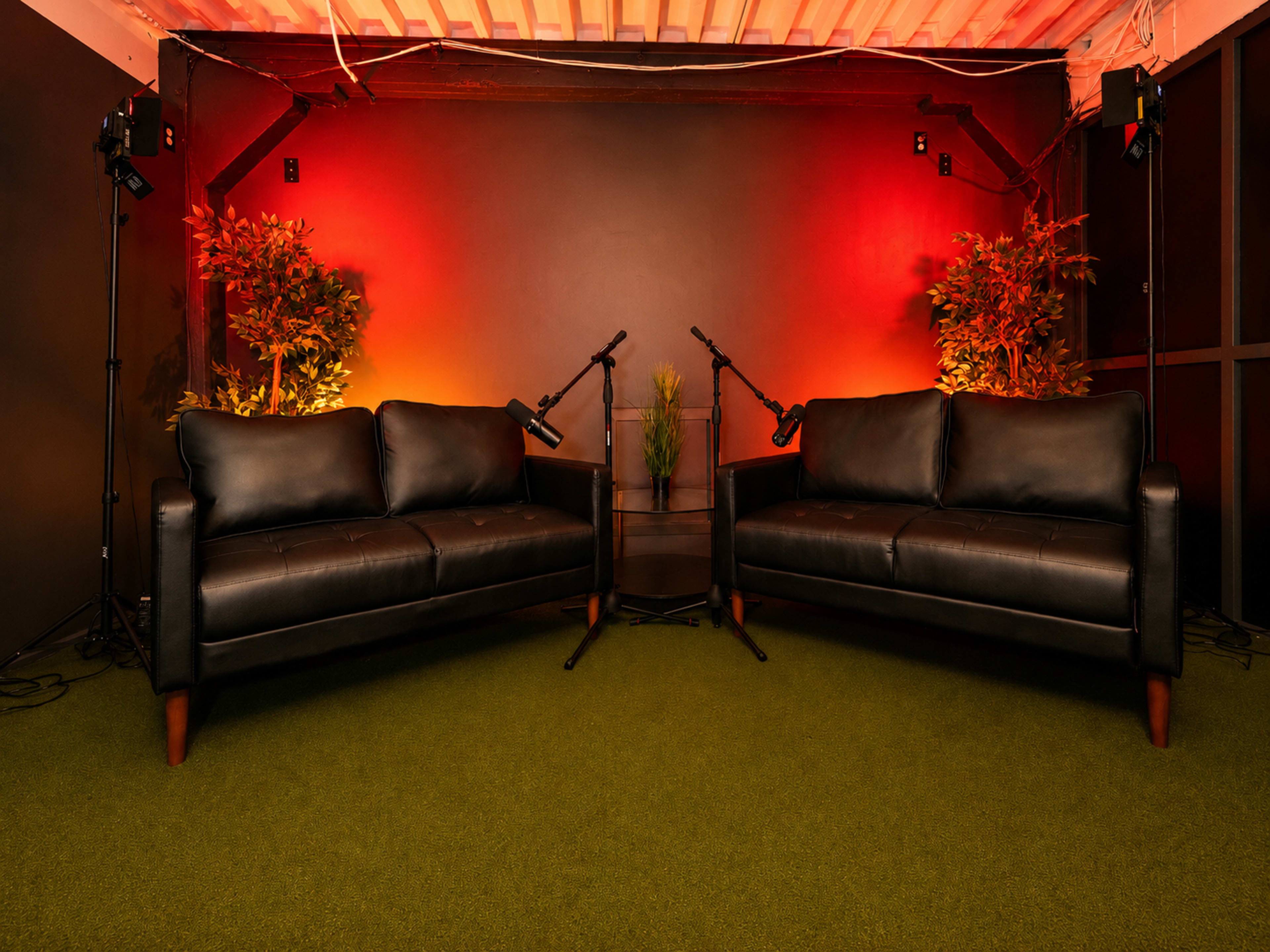 The image features two black leather couches facing each other in a dimly lit room, with artificial plants and lighting accentuating the space.