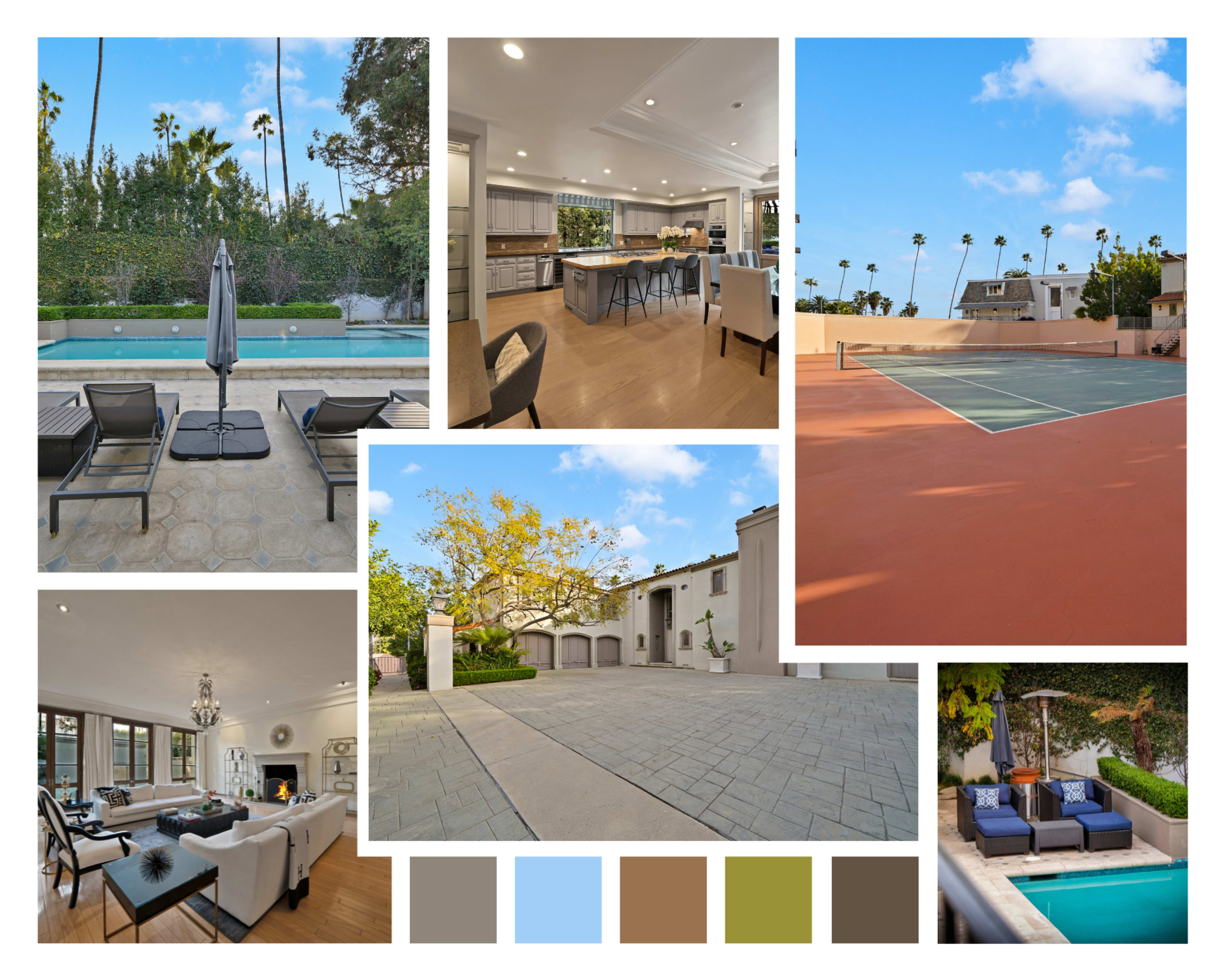 A serene outdoor space with a swimming pool, a tennis court, and various indoor and outdoor living areas featuring modern design elements.