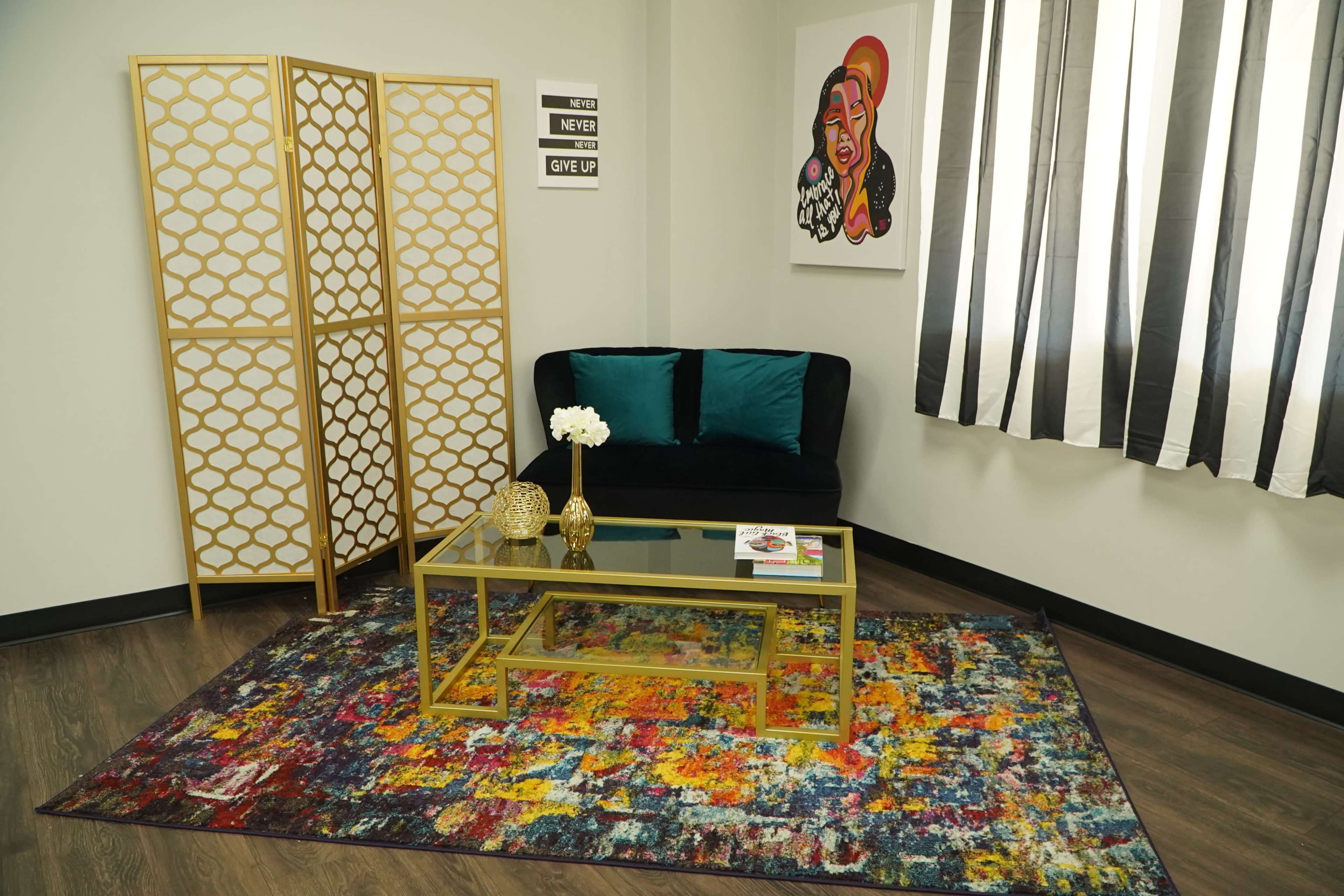 A modern living room setup featuring a black sofa with teal cushions, a gold-framed coffee table, a colorful area rug, and a decorative room divider.