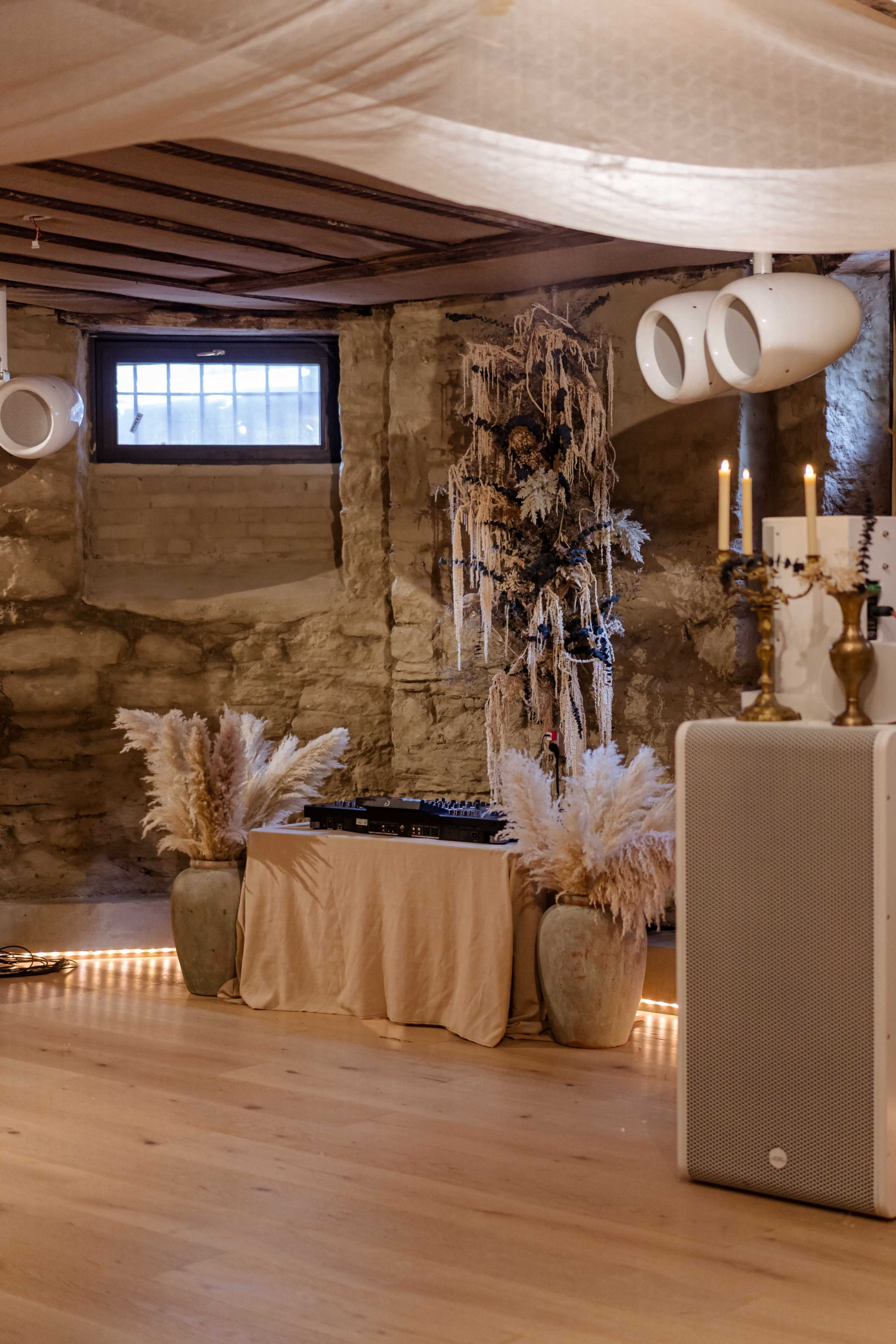 The image depicts a decorated basement space featuring a DJ setup on a draped table, surrounded by potted plants and illuminated by candles.