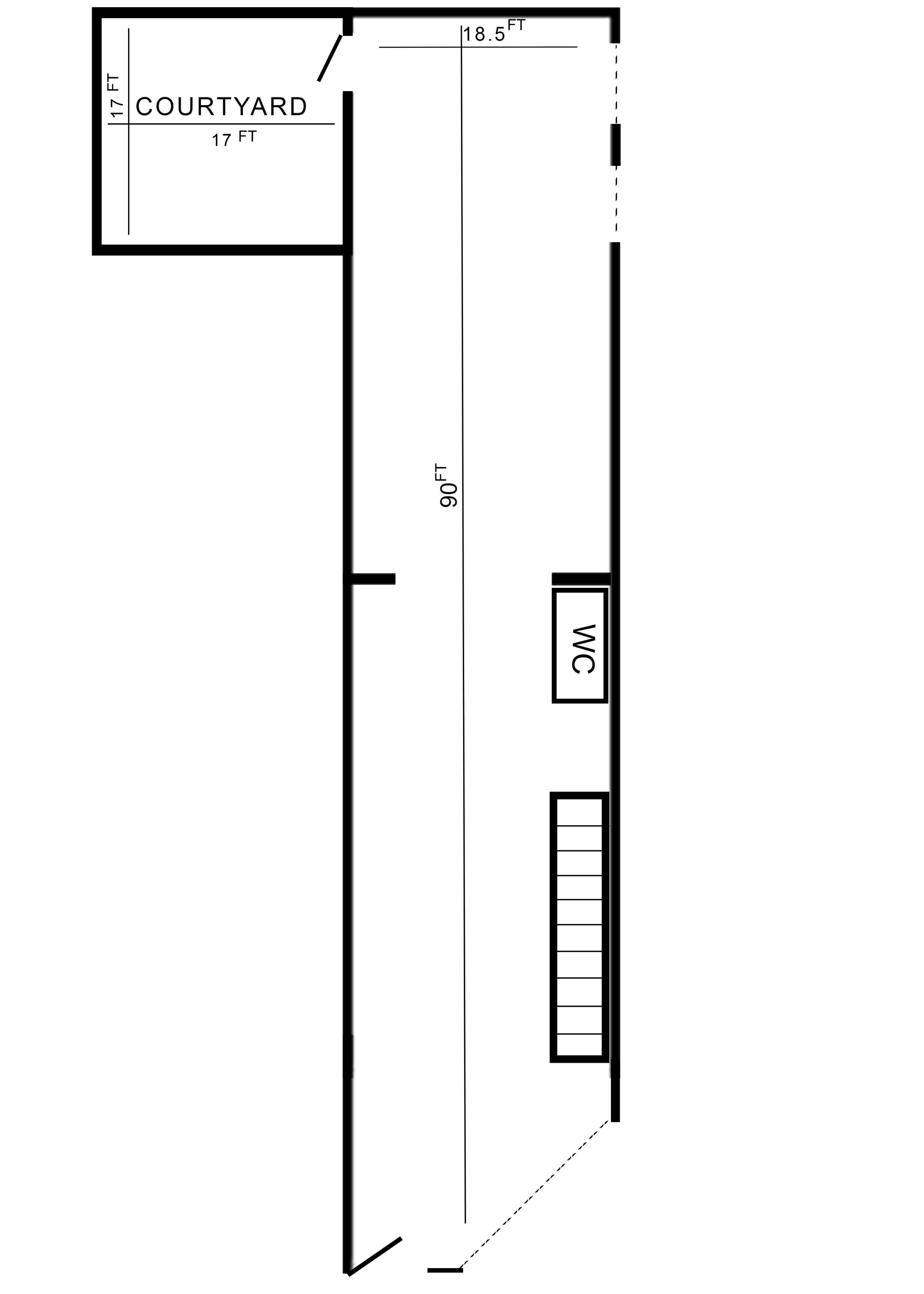 A floor plan layout showing a rectangular space with a courtyard, a restroom labeled "WC," and stair access along one side.