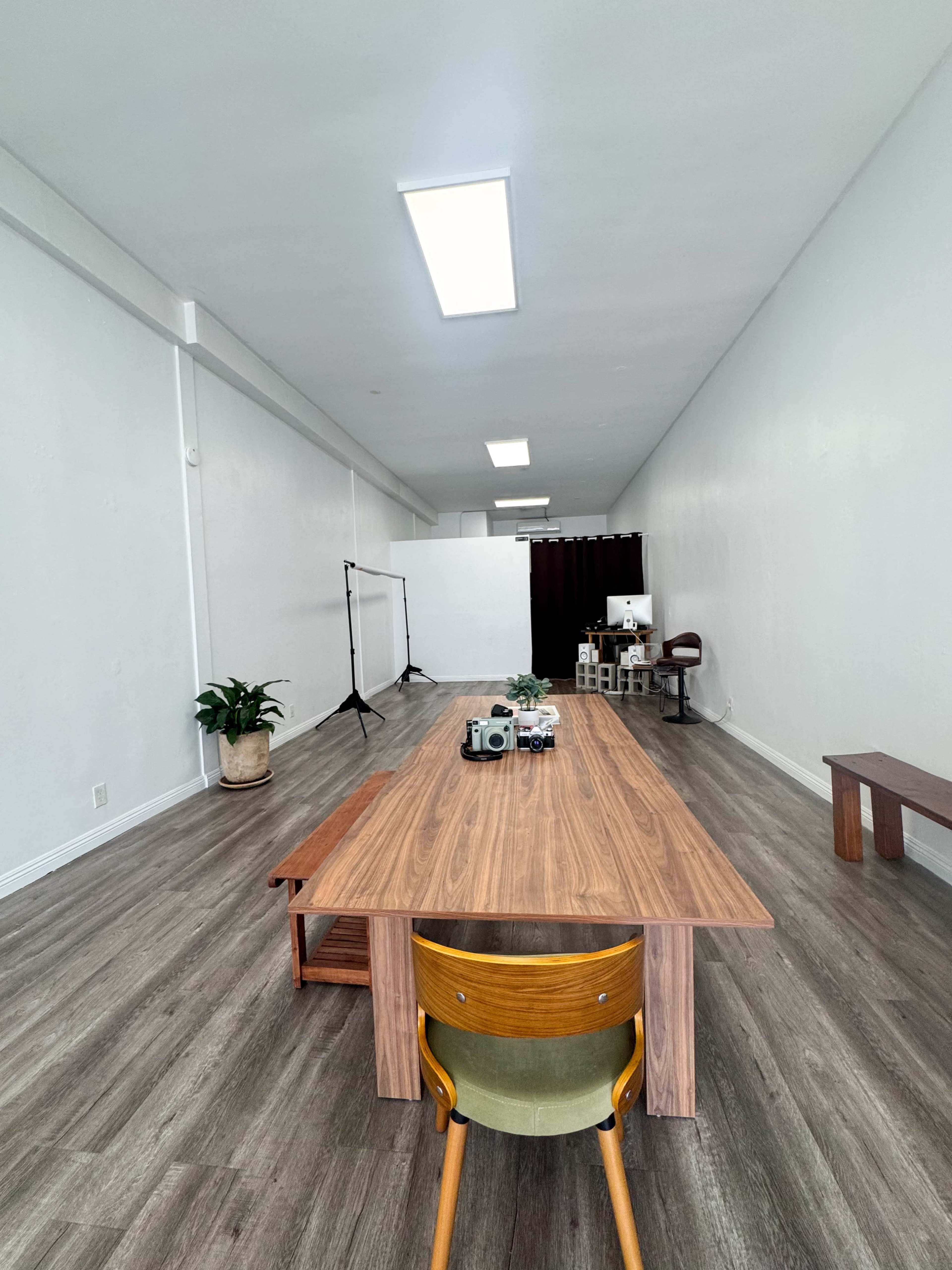 An empty room features a long wooden table with a camera and a potted plant, illuminated by overhead lights.