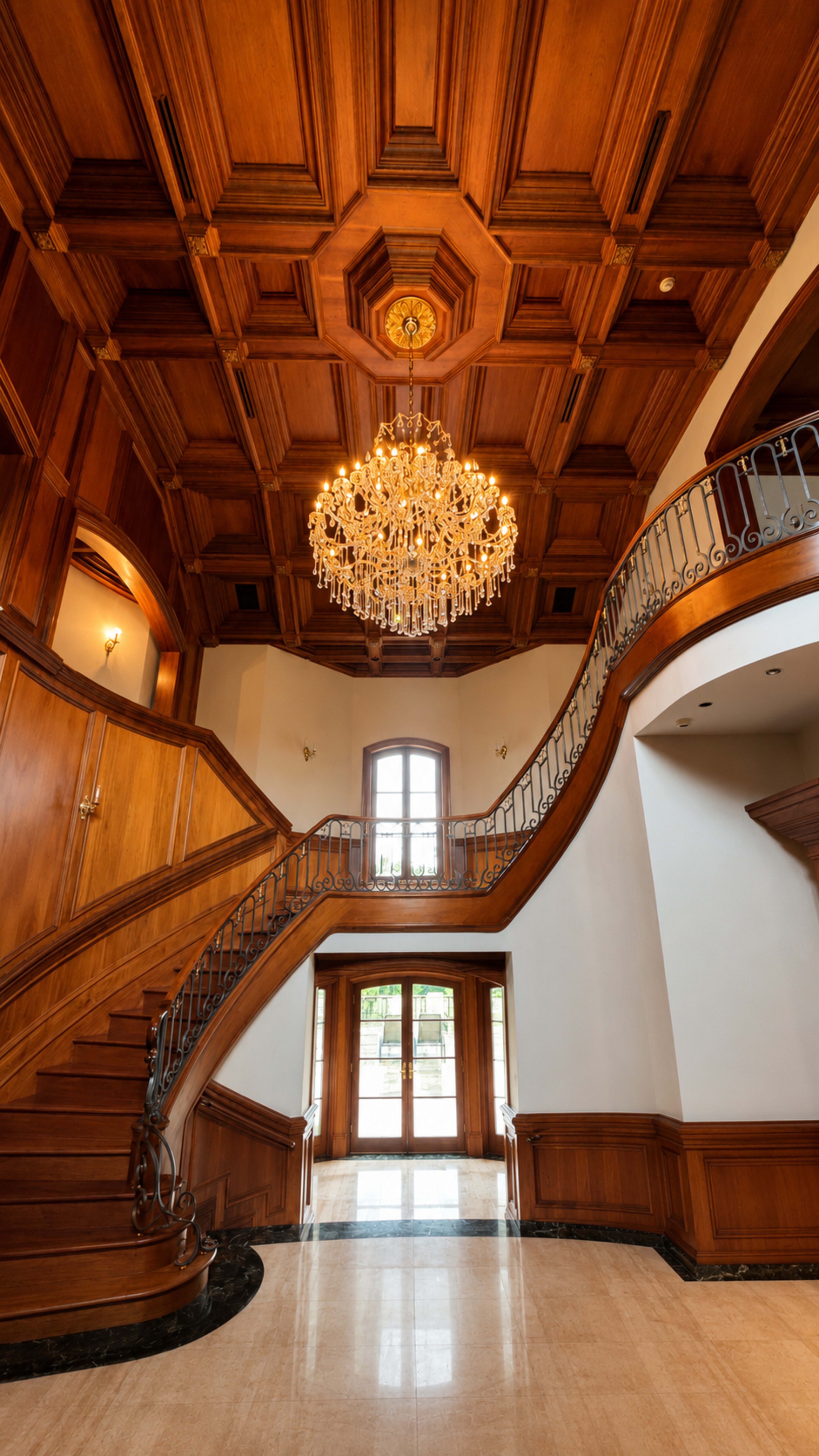 The image shows an elegantly designed entryway featuring a wooden staircase that curves upward beneath a decorative chandelier, with double doors leading outside.