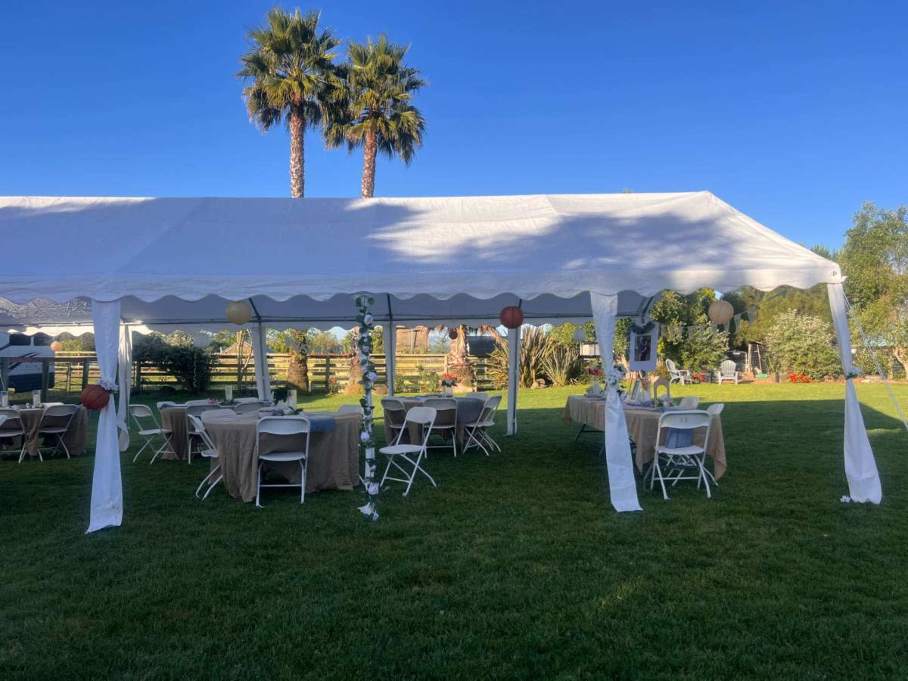 A white tent with tables and chairs is set up on a grassy area, surrounded by palm trees and greenery.
