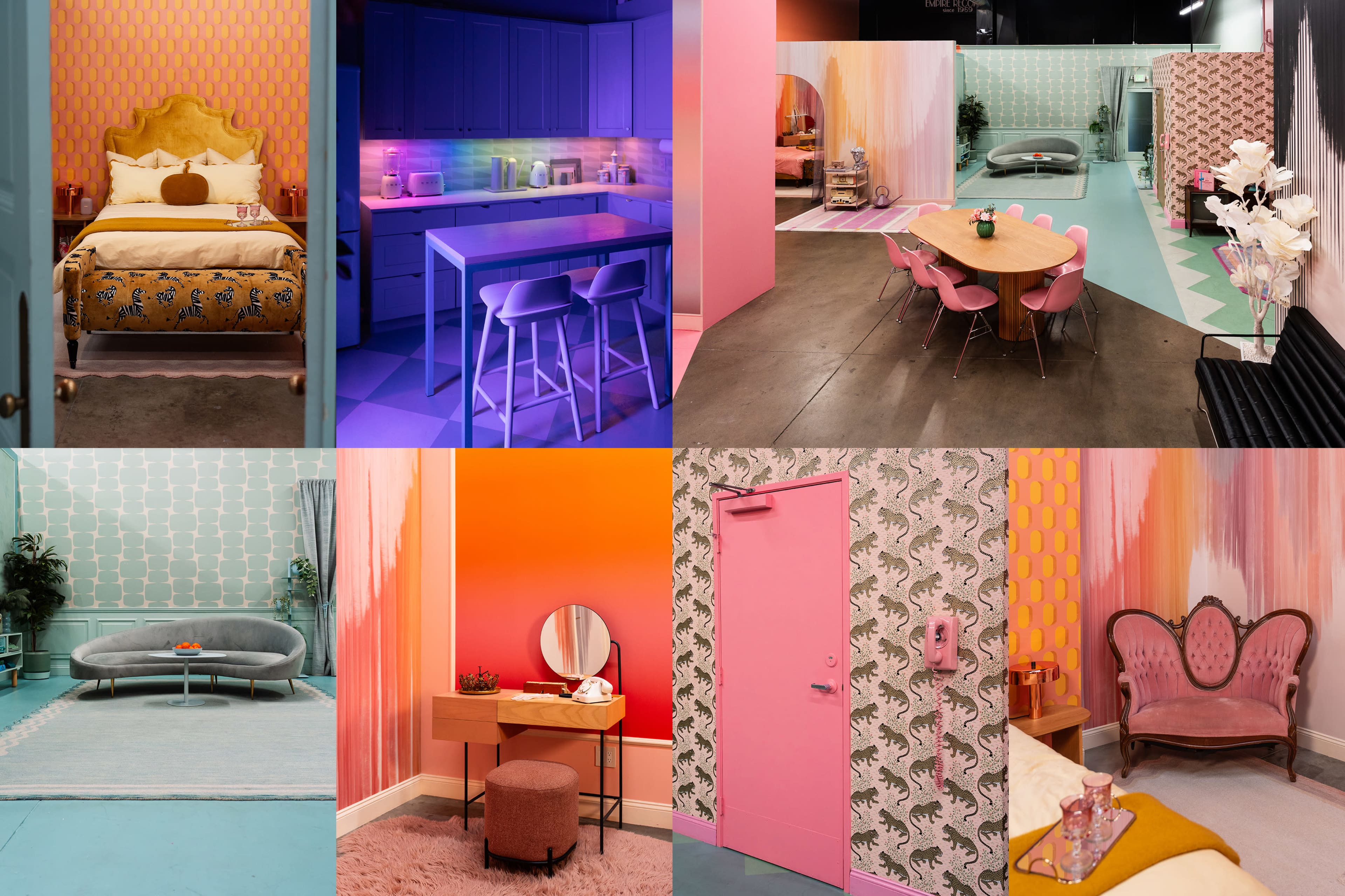 The image showcases a collage of six distinct interior spaces, each featuring vibrant colors and unique design elements.