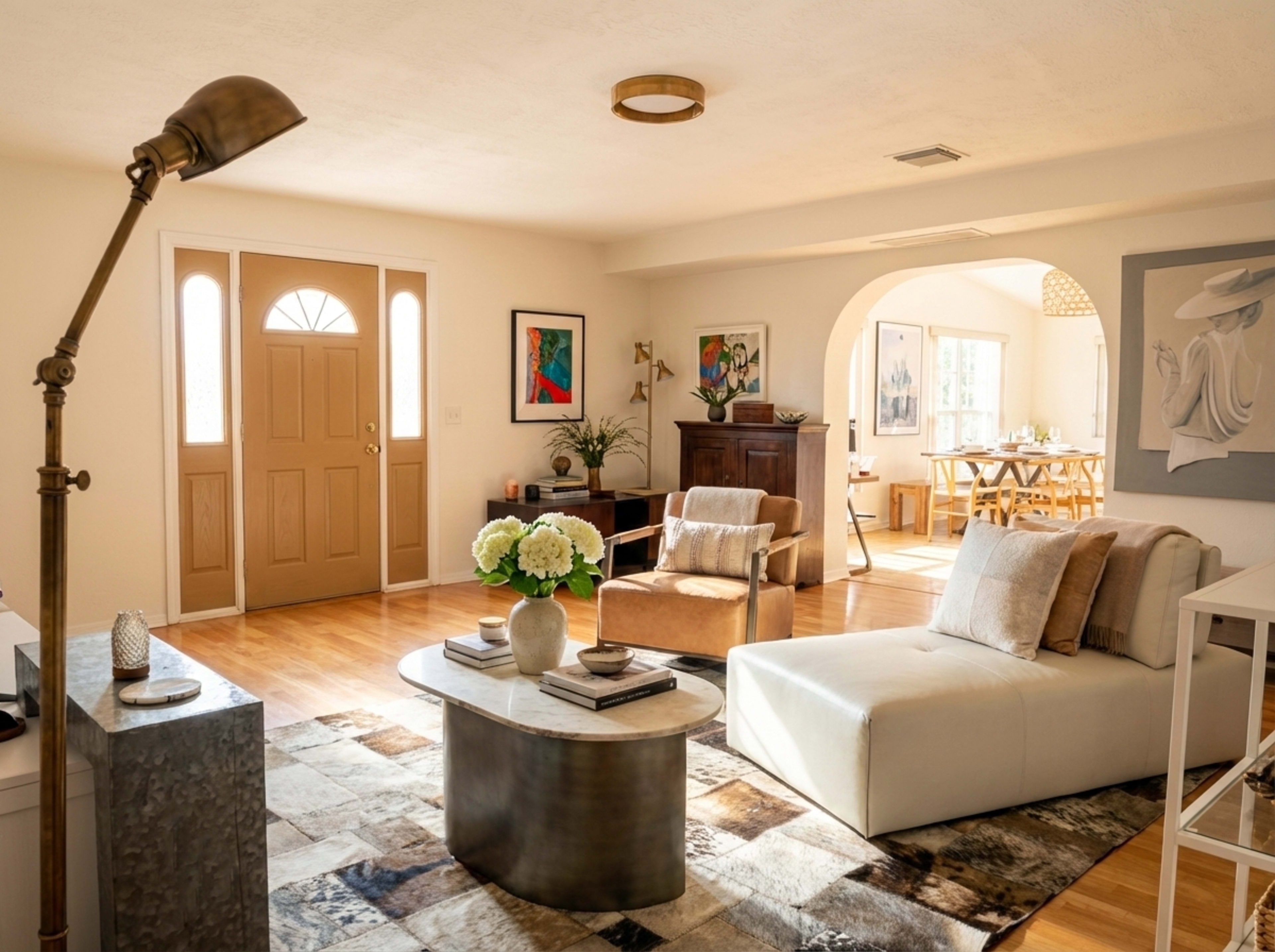 The image shows a modern living room featuring a white sectional sofa, a curved coffee table, and a stylish floor lamp, with a view into a dining area visible through an archway.