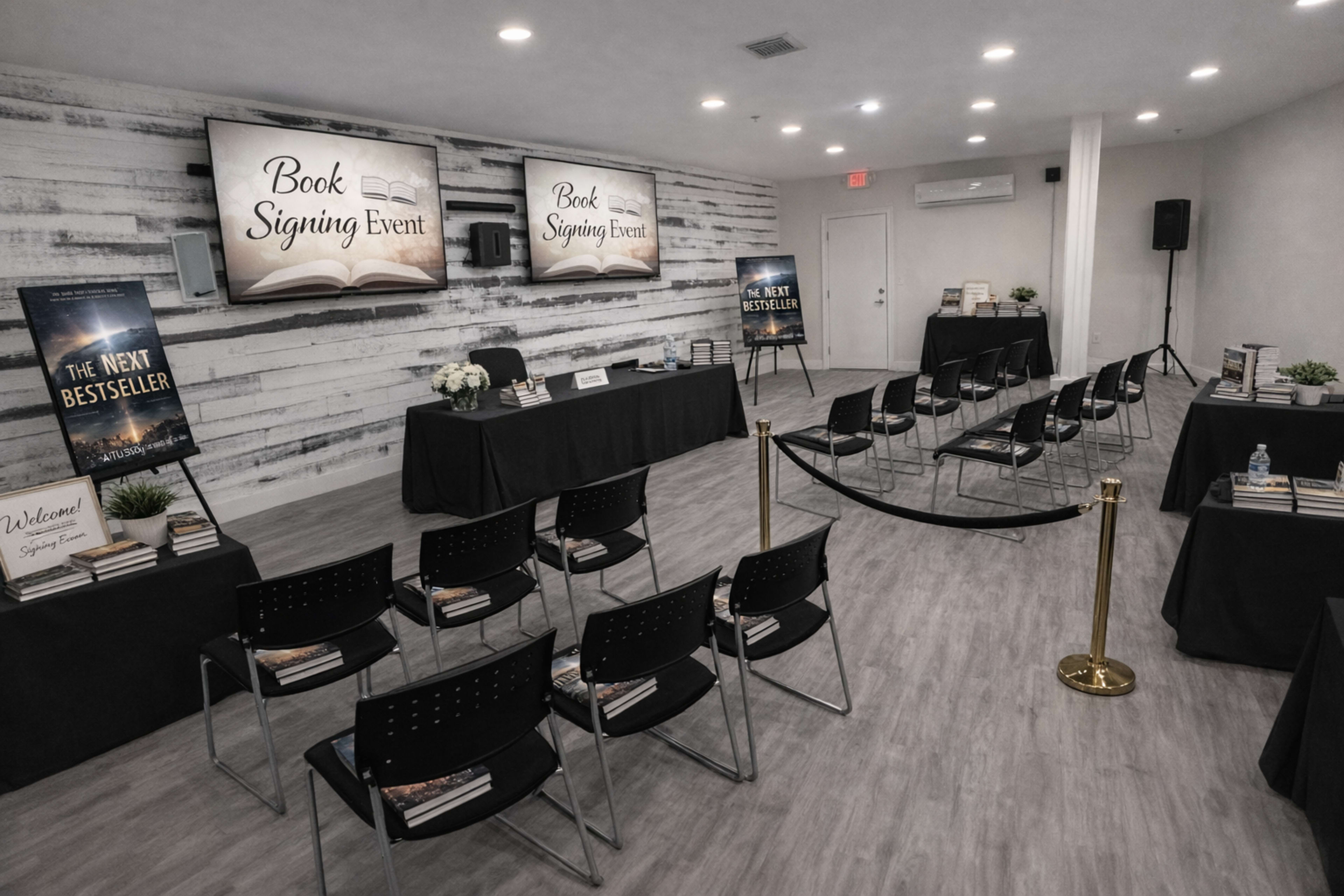 The image shows a book signing event setup with multiple tables, chairs arranged for attendees, and promotional materials displayed on screens and book stands.