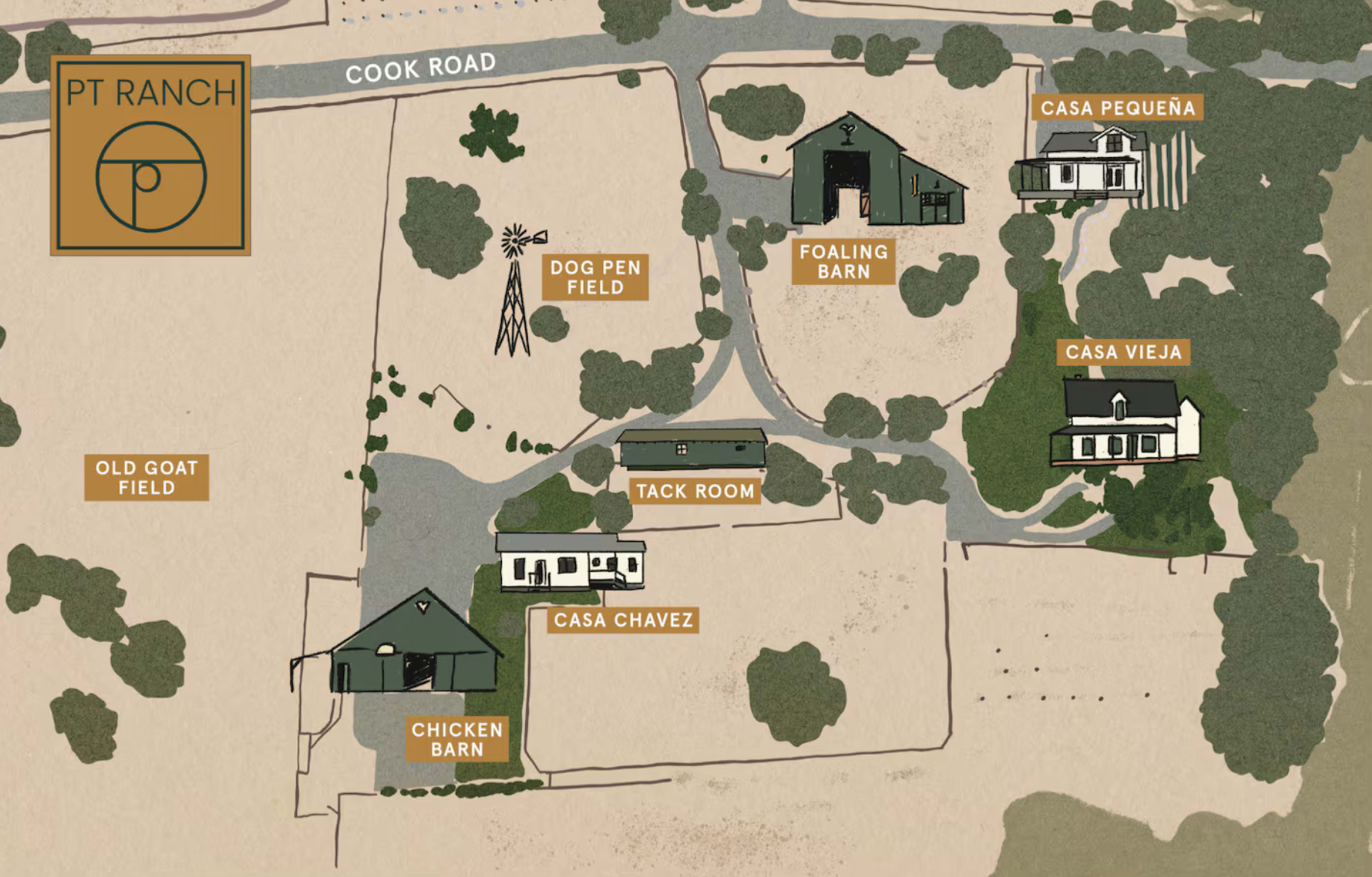 The image is a map of PT Ranch, showing various buildings and areas such as Cook Road, Casa Pequeña, and the Chicken Barn.