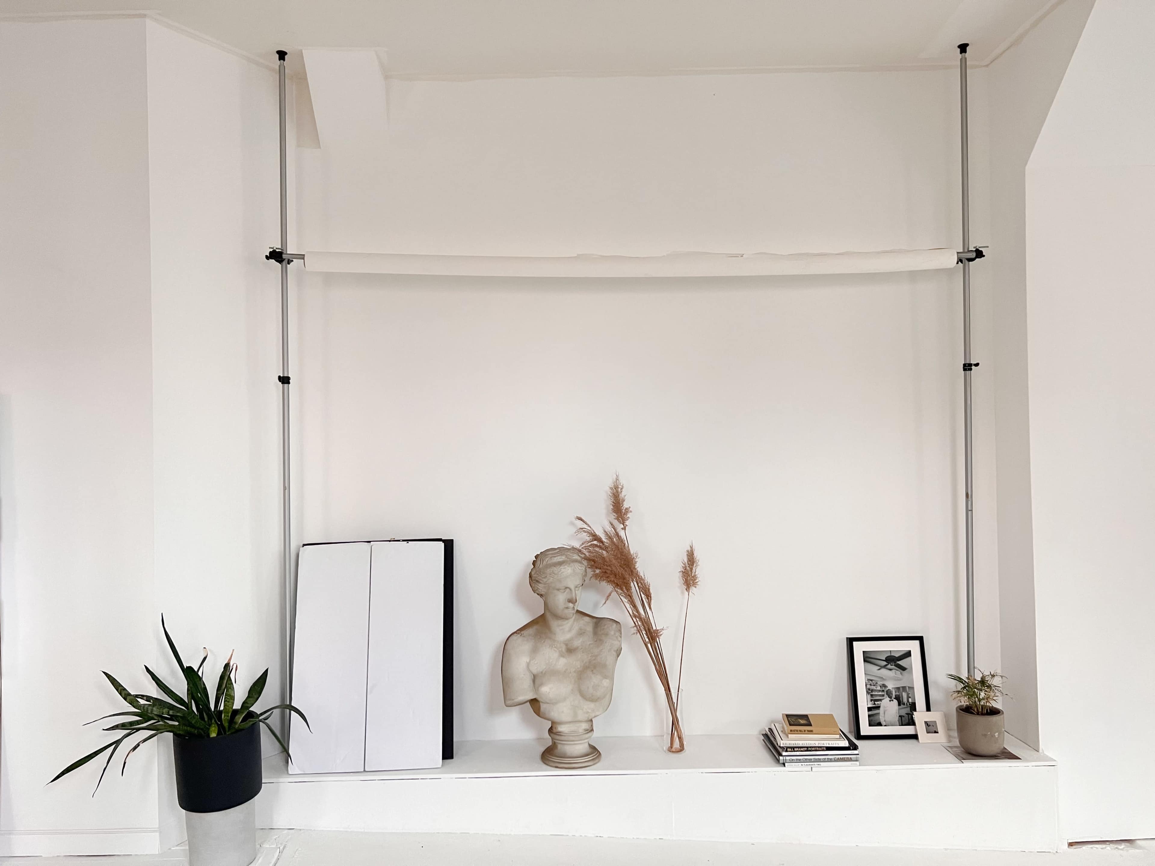 A minimalist interior scene with a white wall featuring a bust sculpture, dried grasses, books, and a framed photo on a shelf, accompanied by a potted plant on the floor.