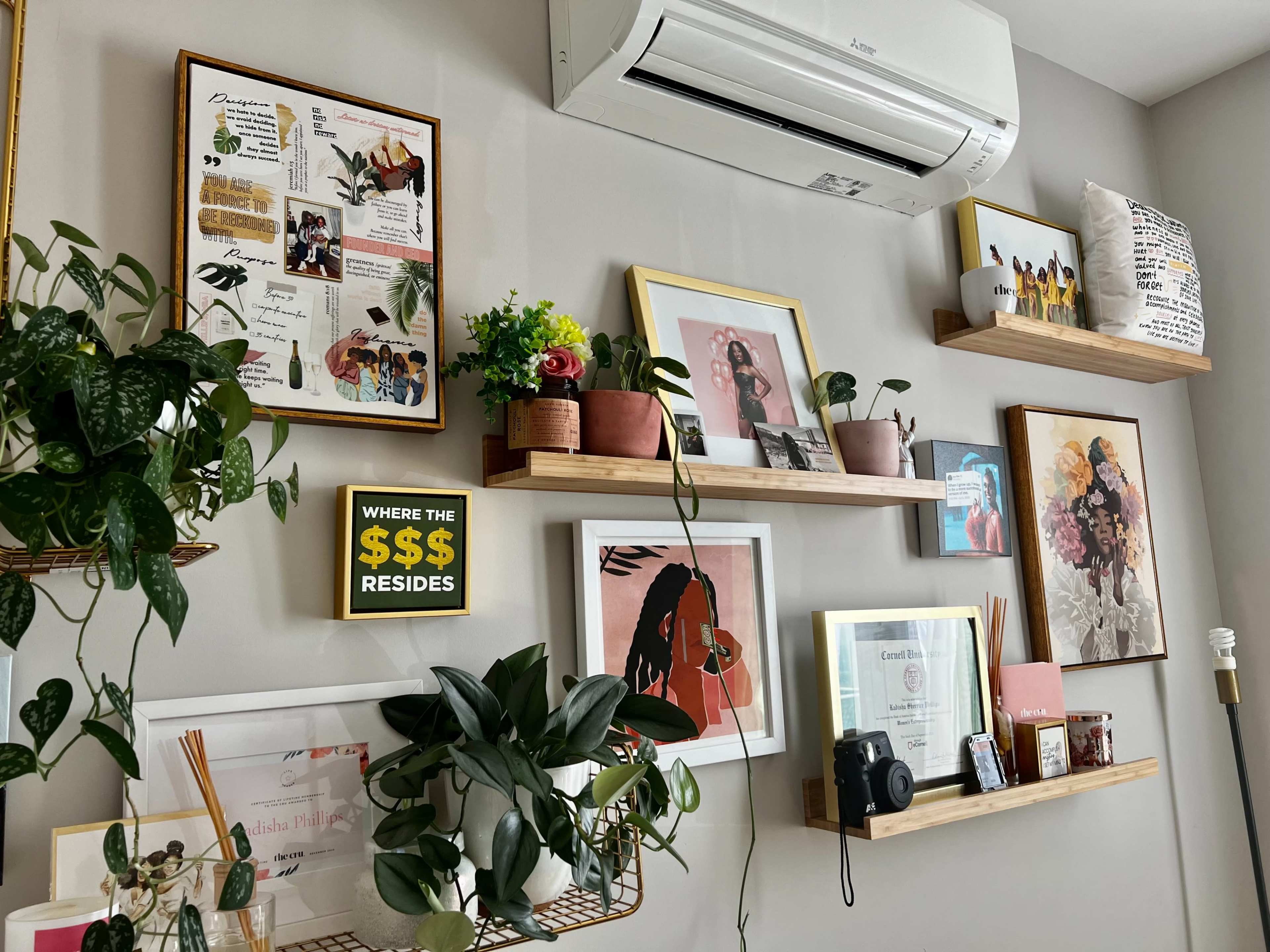The image displays a curated wall with various framed artworks, plants on shelves, and decorative items, creating an organized and visually interesting display.