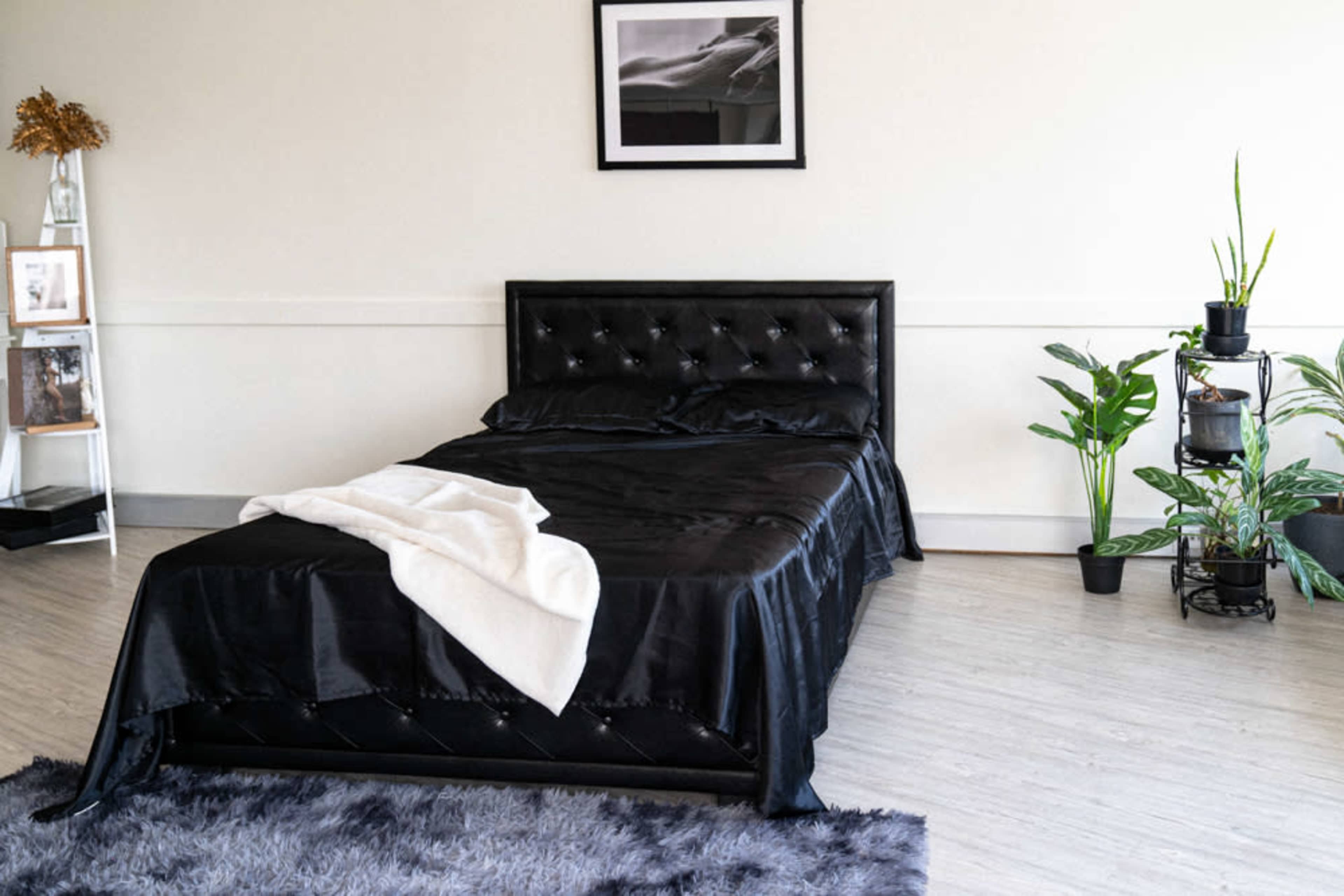 A neatly made black bed with a white blanket draped over it, placed in a minimalist room featuring plants and a framed picture on the wall.