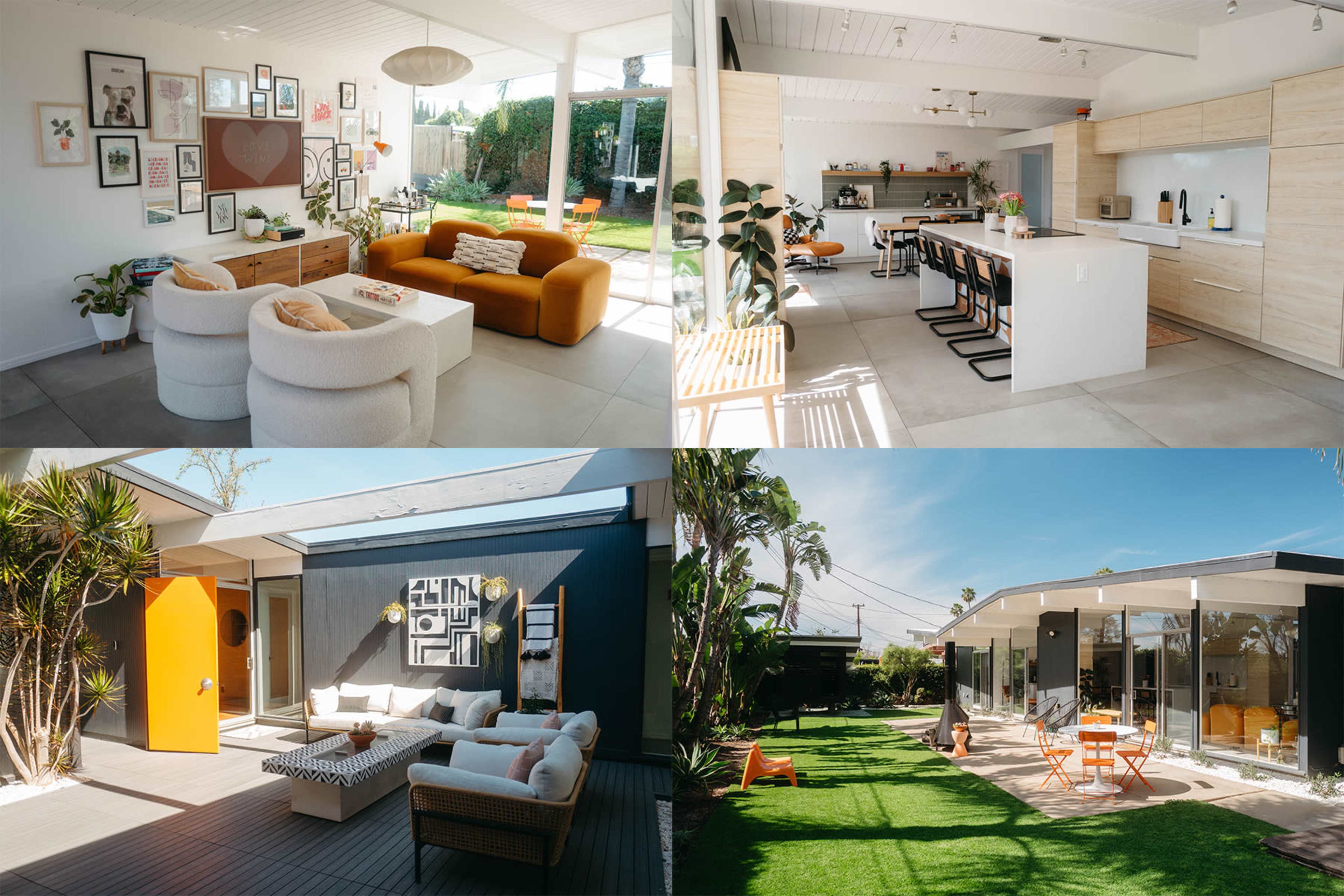 The image showcases a modern home interior featuring a cozy living room, a stylish kitchen with an island, and an outdoor patio that opens to a landscaped garden.