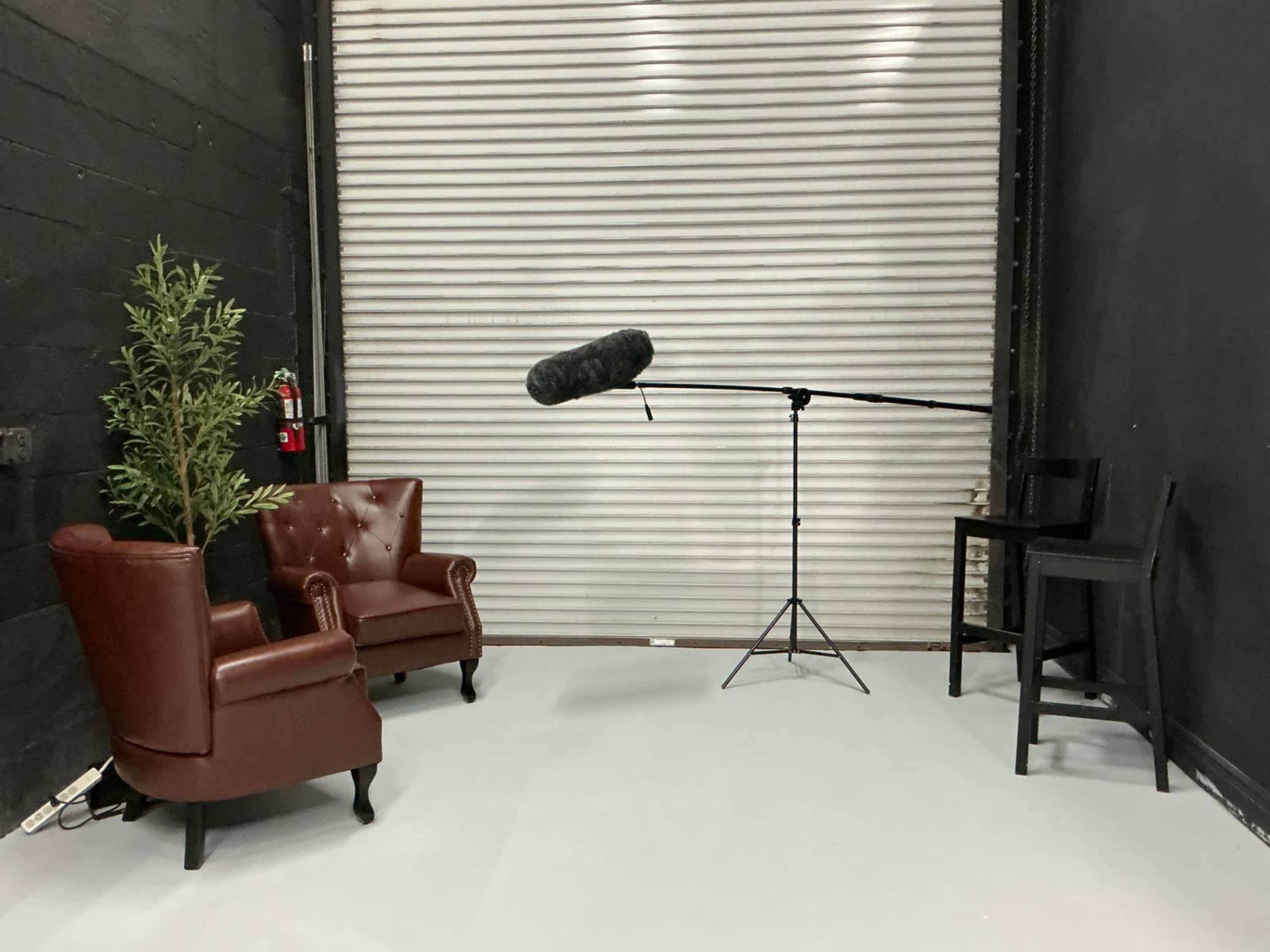 The image shows a small studio setup with two brown leather chairs, a microphone on a stand, and a potted plant against a black wall.