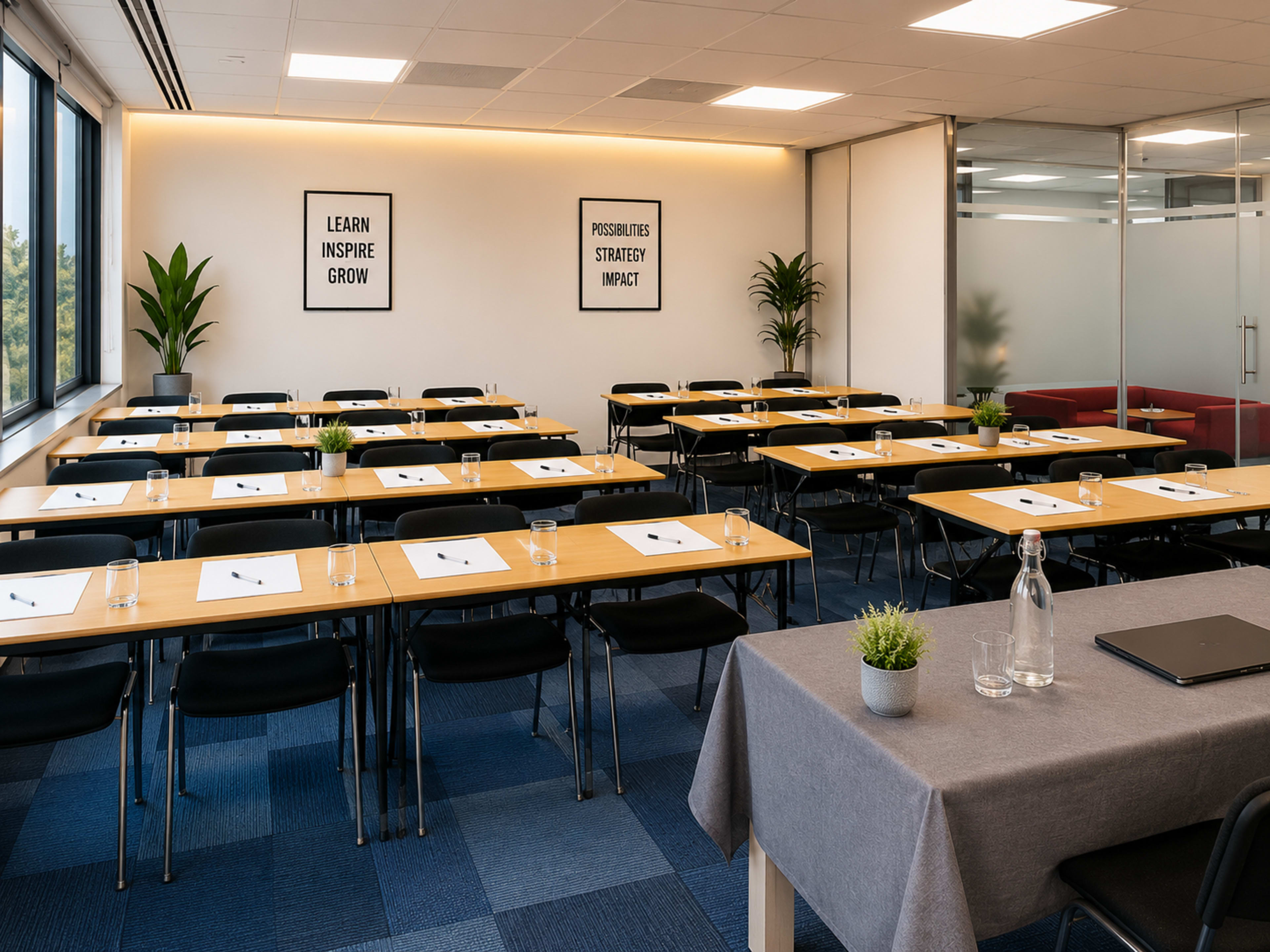 A modern conference room is set up with multiple tables arranged in rows, each equipped with notepads and glasses, and decorated with plants and motivational poster artwork on the walls.
