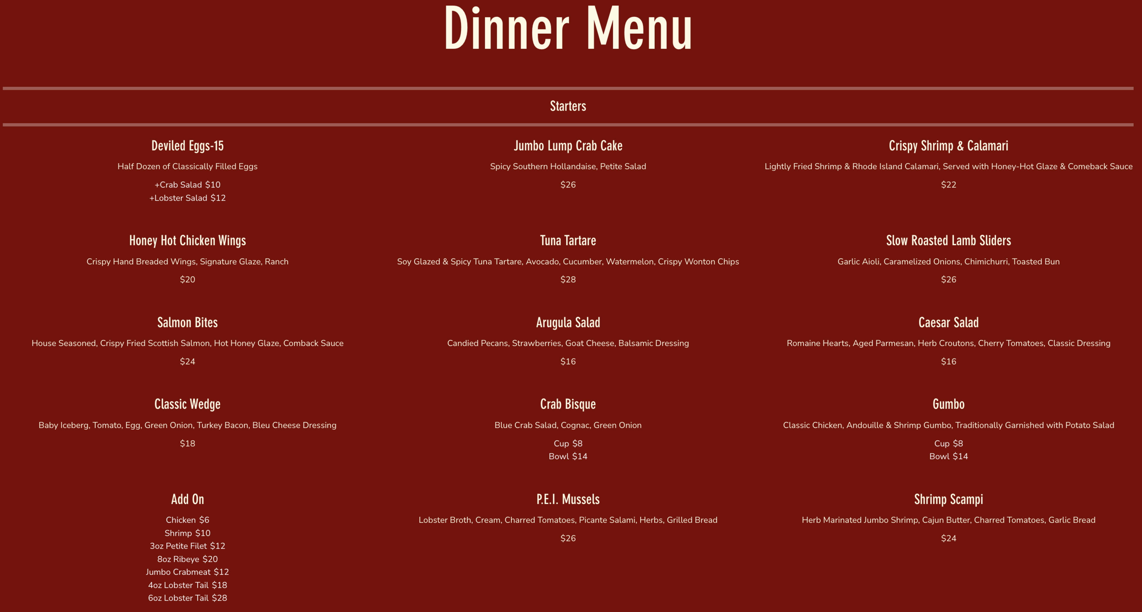 Menu offerings