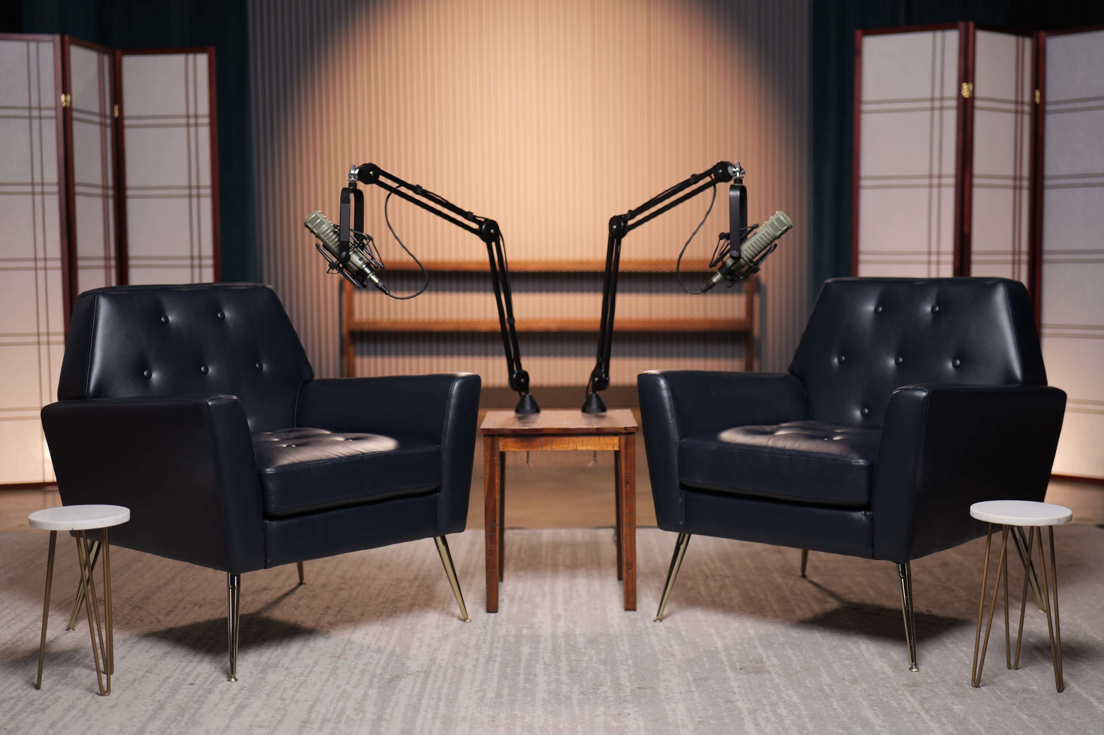 Two blue armchairs are positioned opposite each other, accompanied by a small table, with microphone stands set up in front of each chair against a softly lit background.