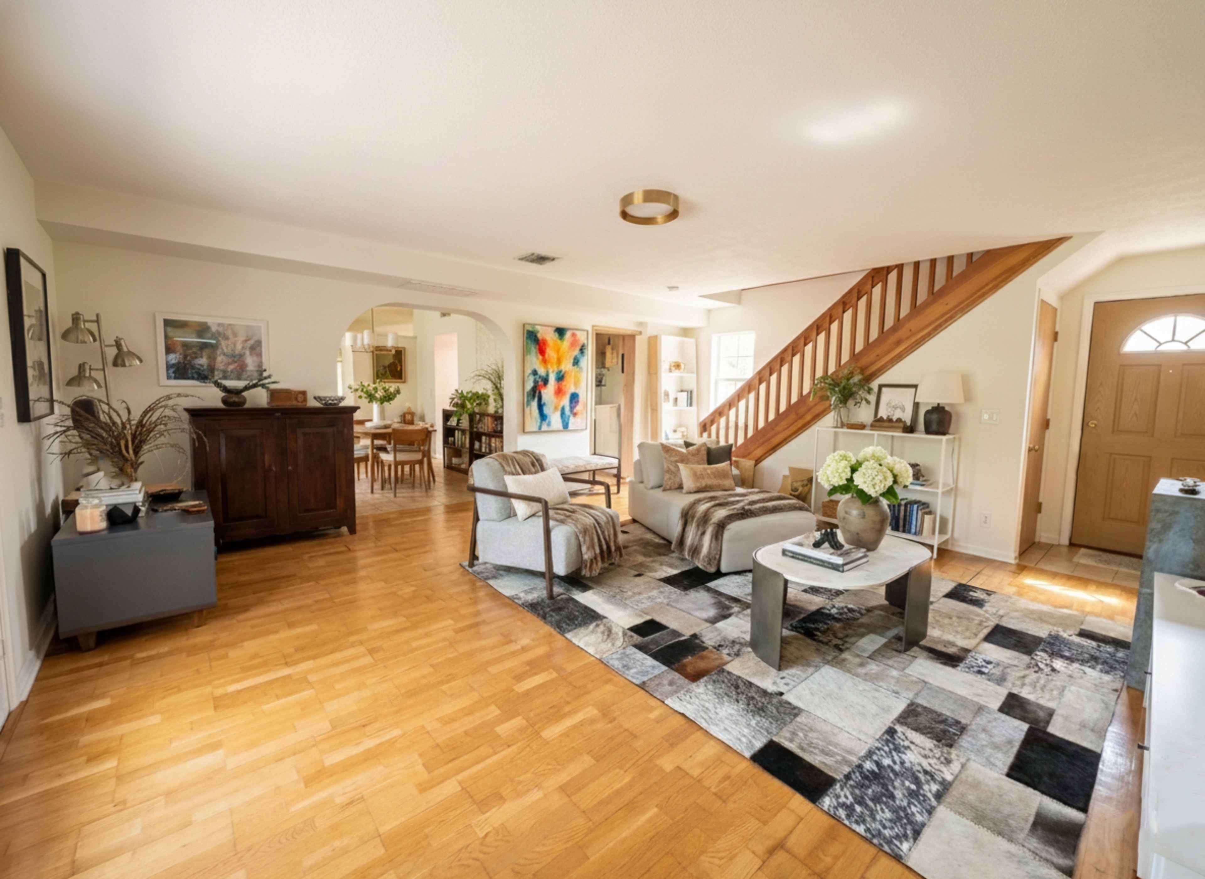 The image shows a spacious living room with wooden flooring, a staircase, and a combination of seating arrangements, including a sofa and armchairs, along with decorative elements like a coffee table and wall art.