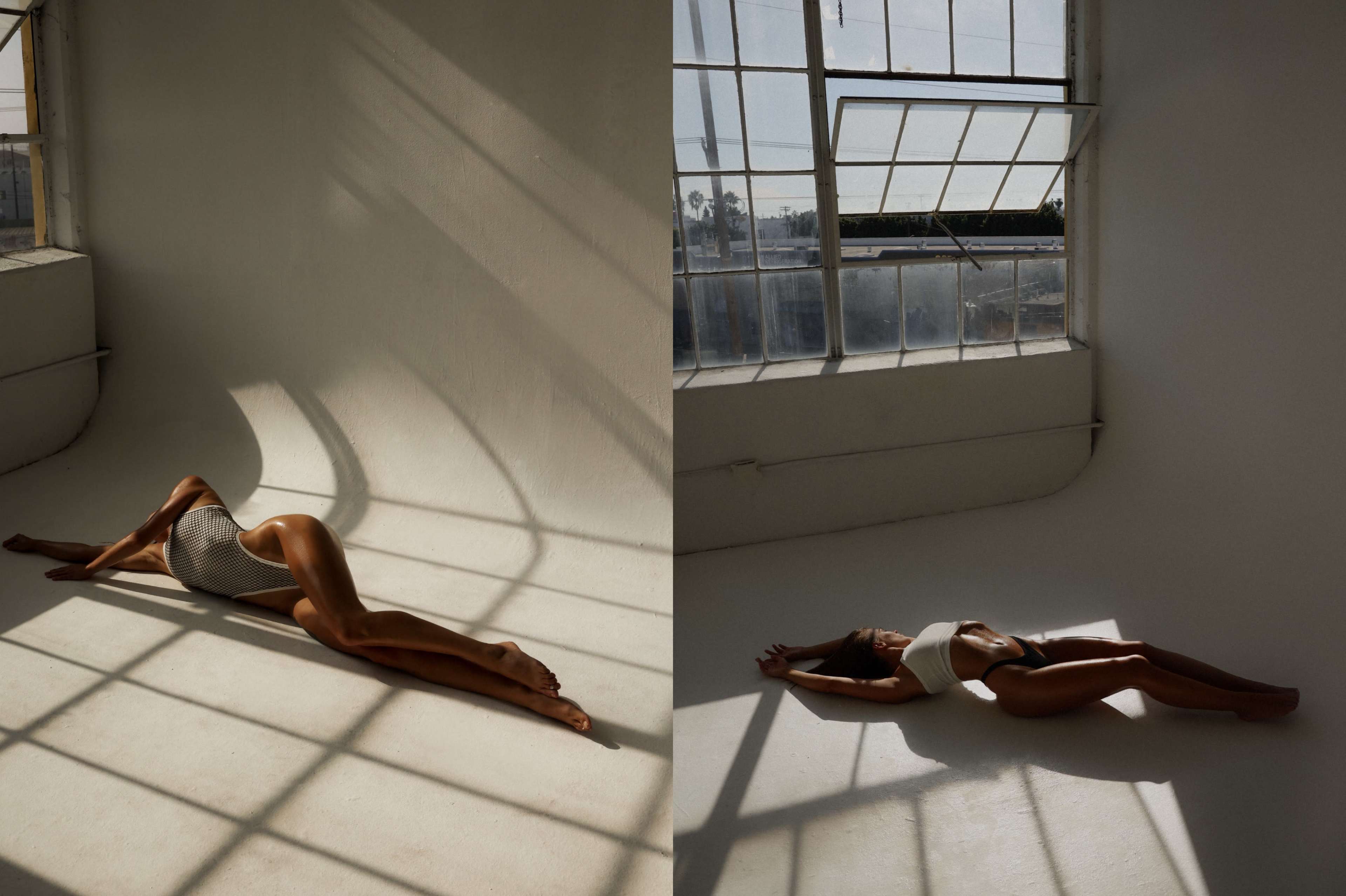 The image features a figure in a swimsuit gracefully stretching across a minimalist, sunlit space with large windows, casting elongated shadows on the floor.