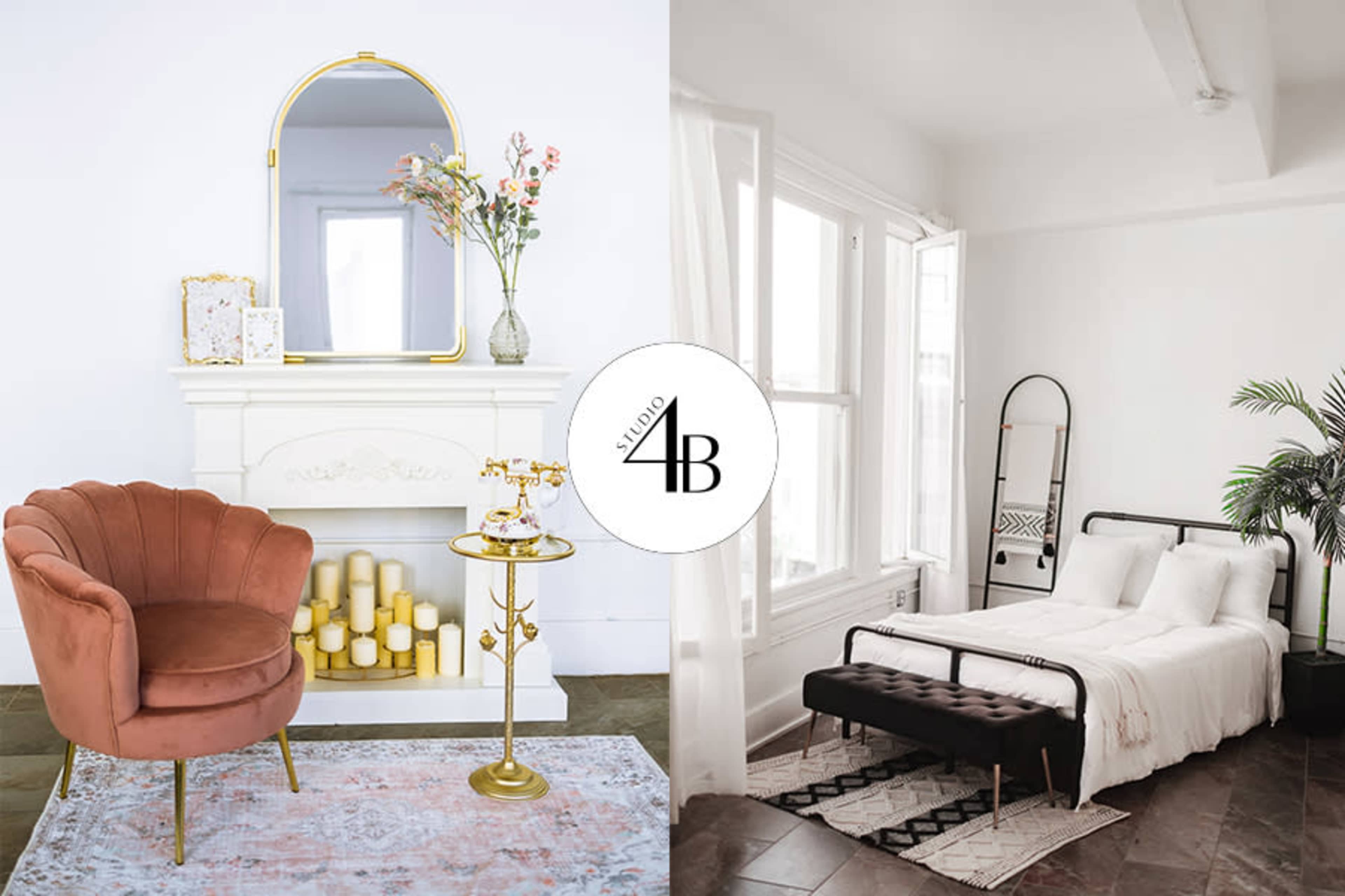 A split scene: on one side, a living space with a pink velvet armchair and a decorative fireplace adorned with flowers and candles; on the other side, a bedroom with a black metal bed frame and large windows allowing natural light.