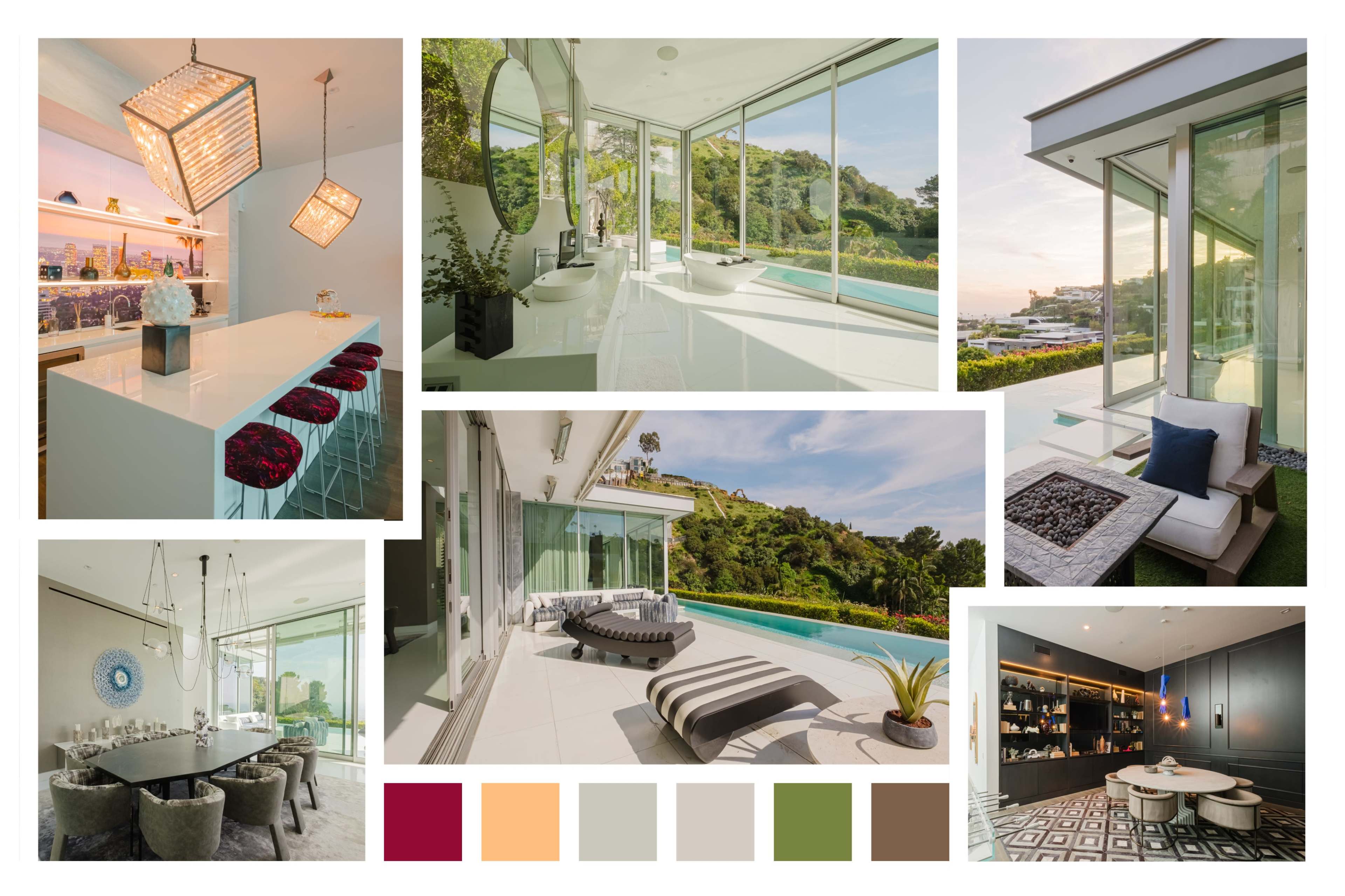 The image features a modern villa with large glass windows, showcasing an outdoor pool area and lush greenery in the background.