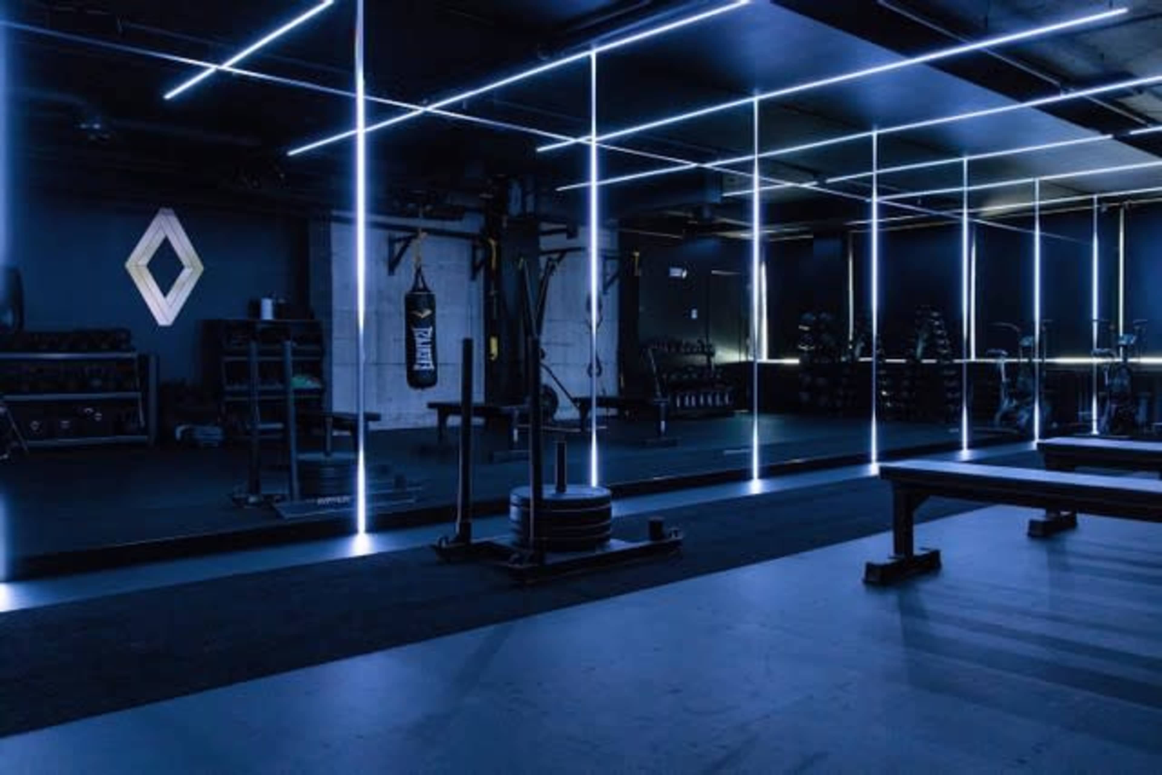 The image shows a modern gym interior featuring sleek lighting, exercise equipment, and a mirrored wall.
