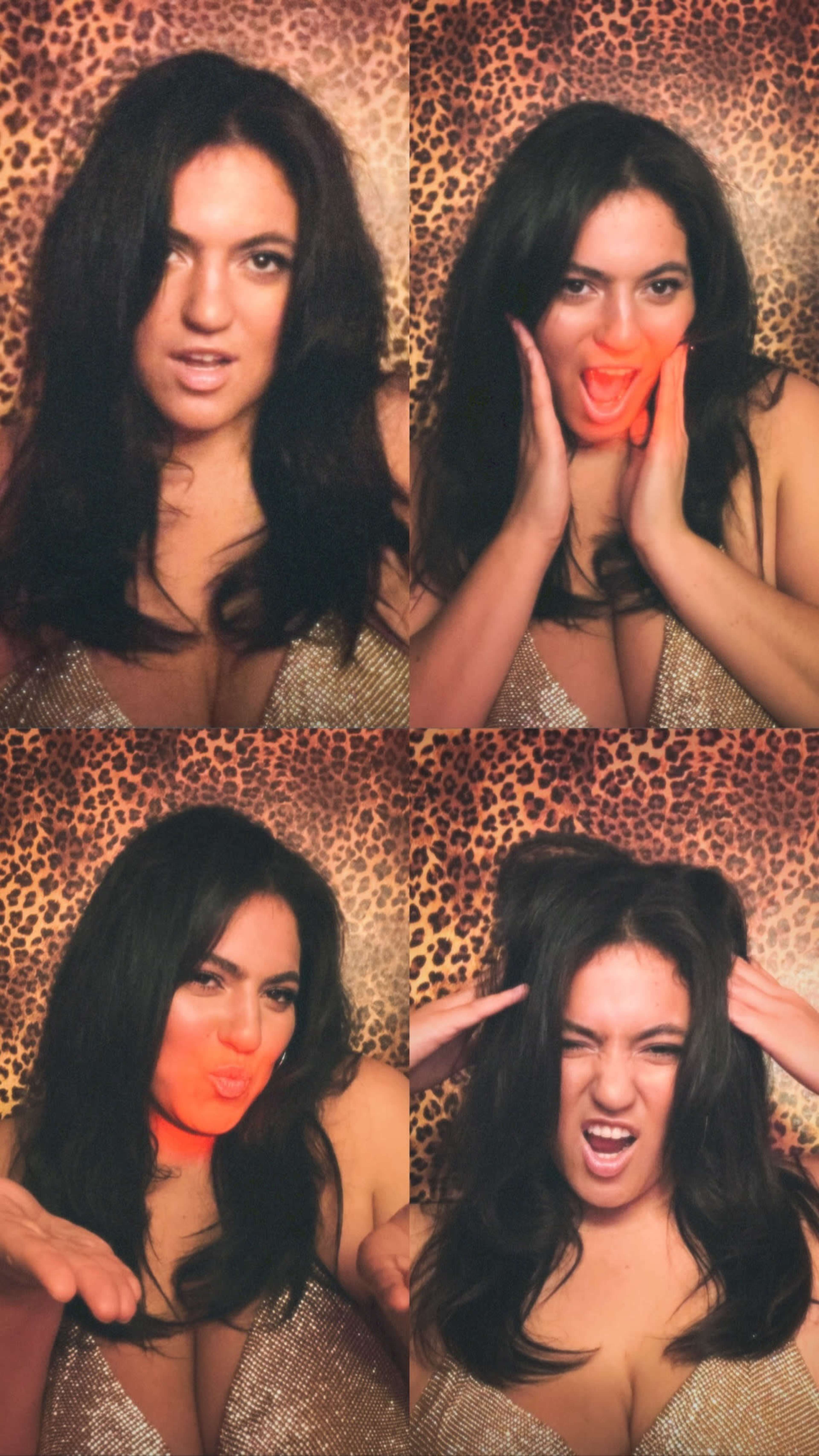 The image features four square snapshots of a woman with long, dark hair, expressed through various poses and facial expressions against a leopard print background.
