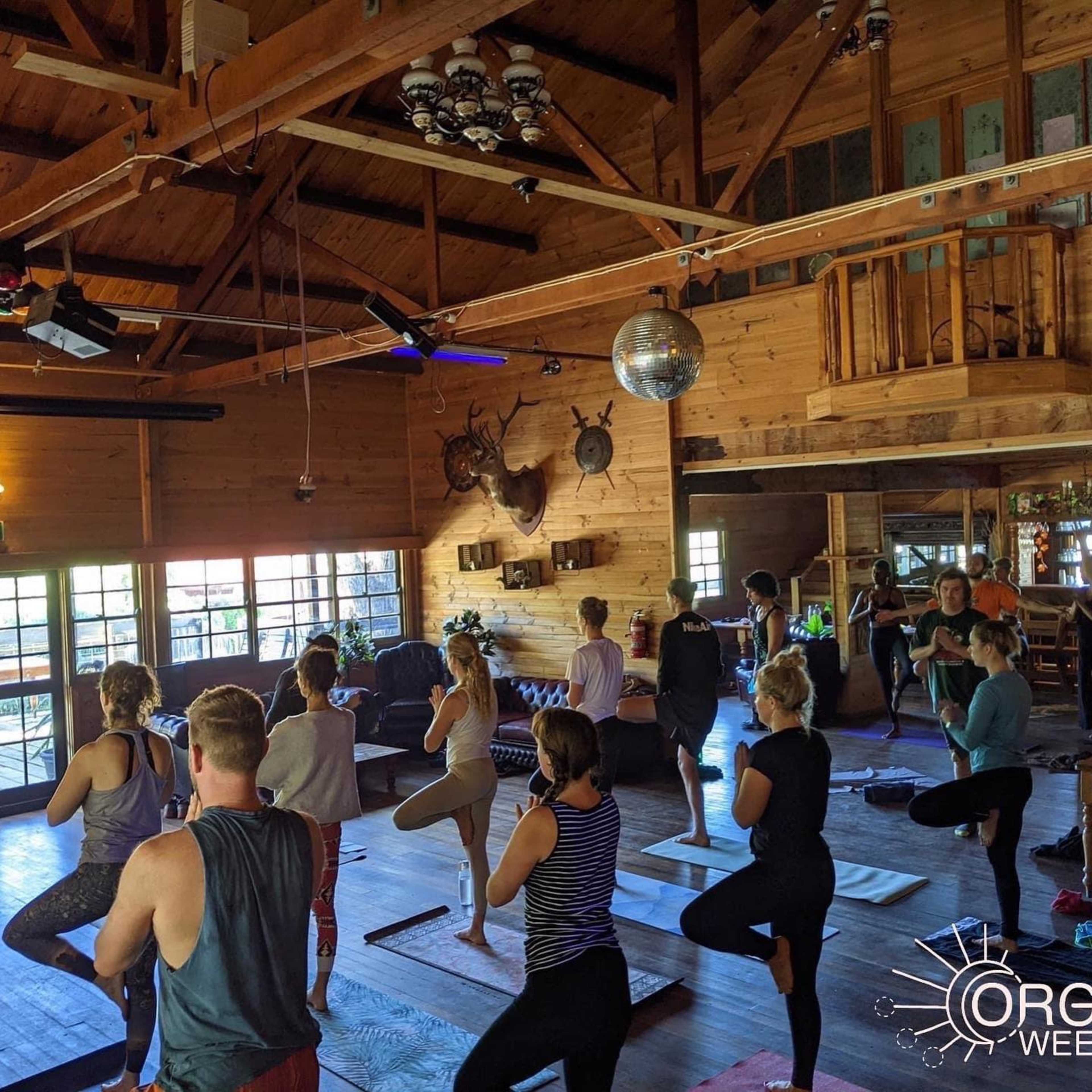 A group of people is practicing yoga in a spacious wooden cabin with large windows and decorative elements on the walls.