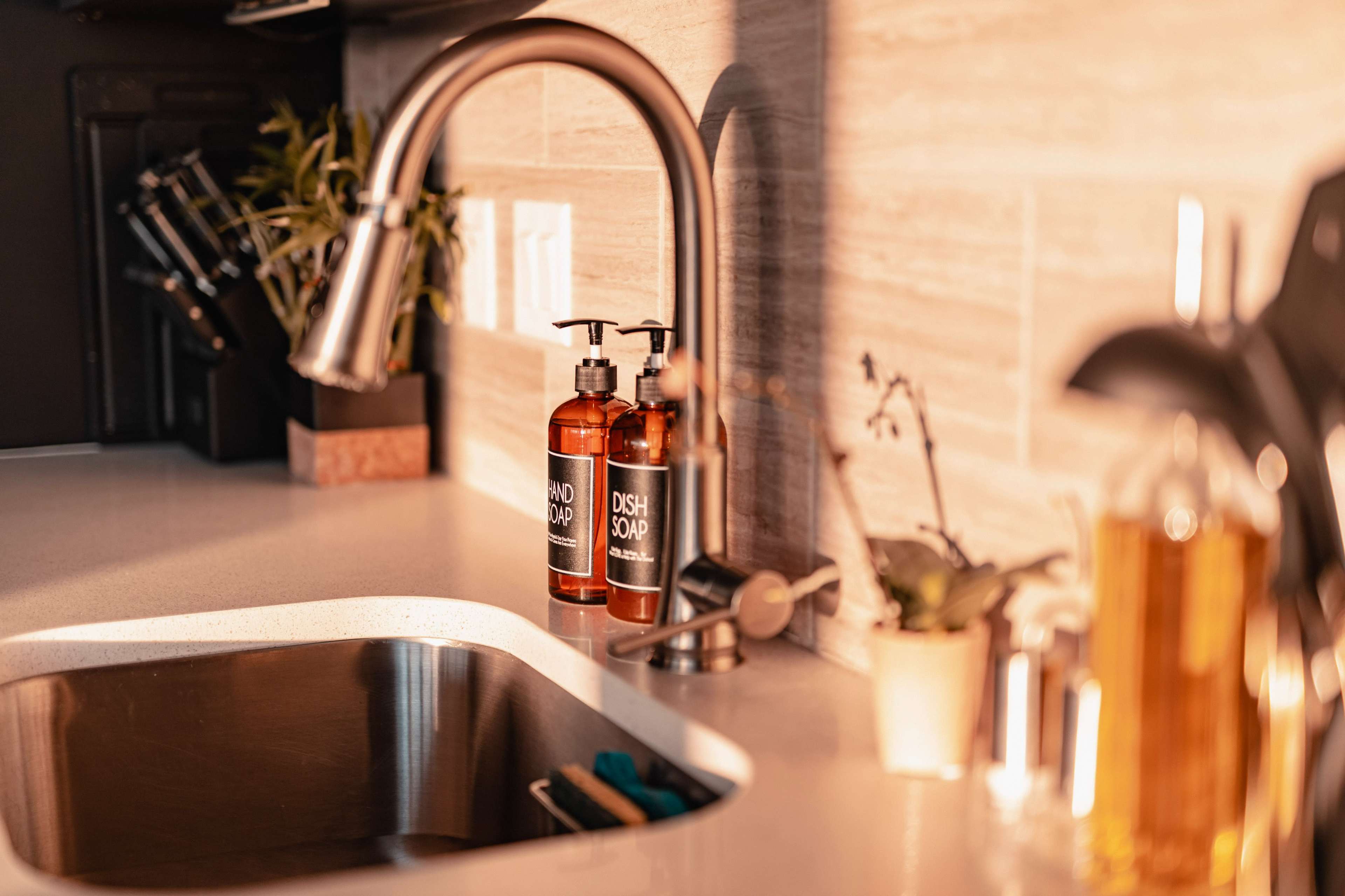 A modern kitchen sink area with two amber glass soap dispensers labeled "HAND SOAP" and "DISH SOAP" beside the faucet, and a small plant on the counter.
