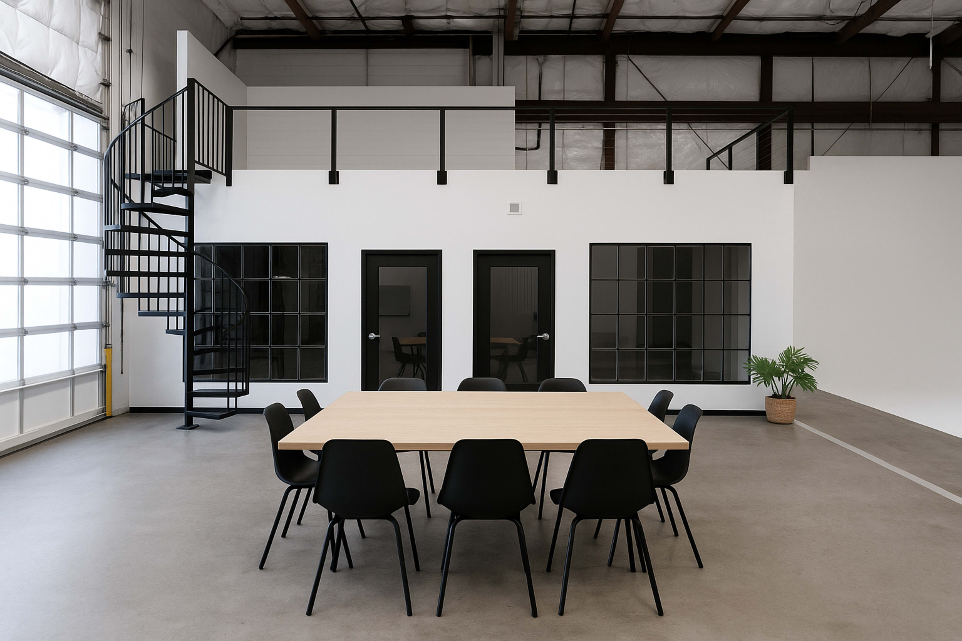 A modern meeting room features a circular table surrounded by black chairs, with large windows and a spiral staircase in a spacious industrial setting.