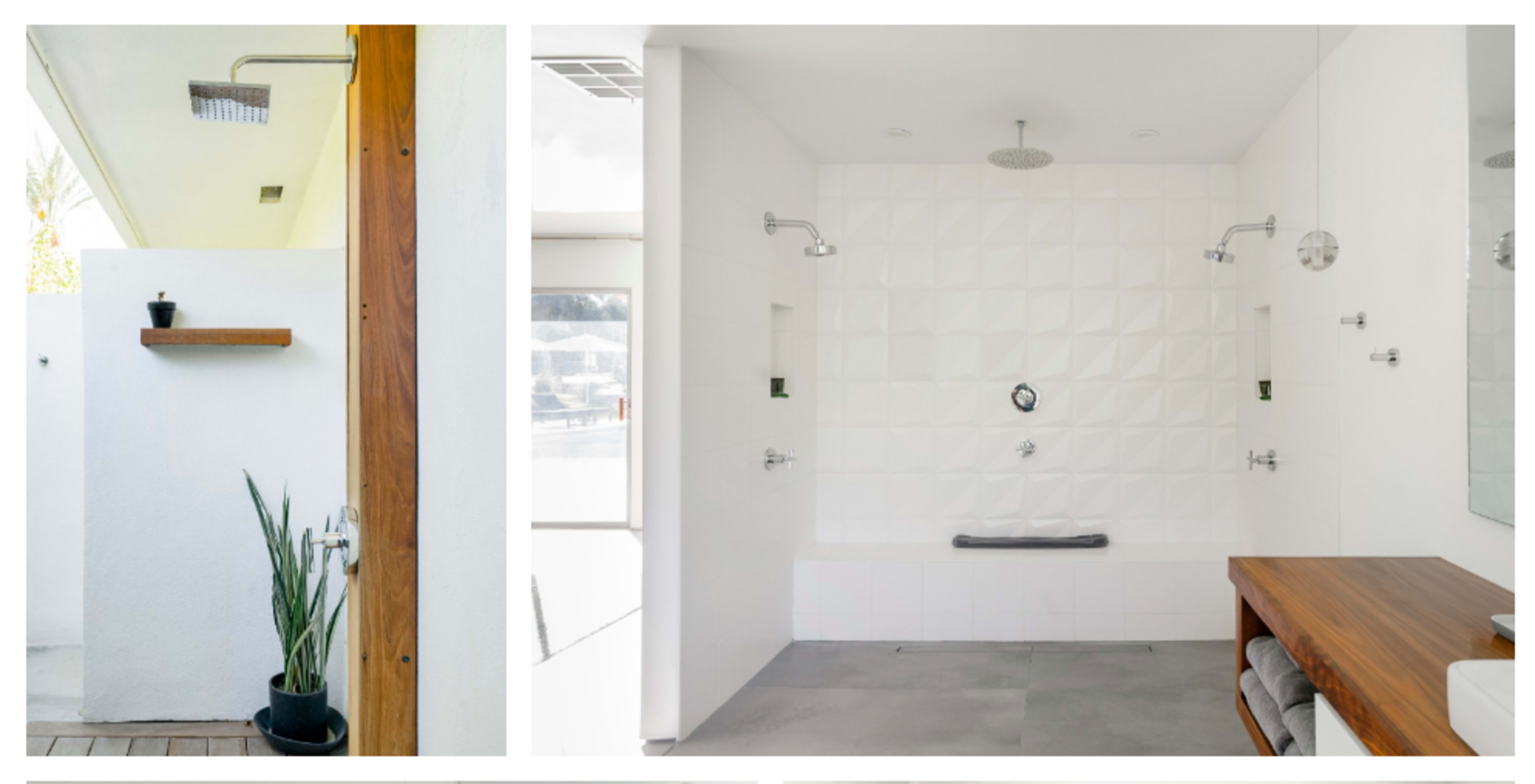 Two modern shower spaces; one features an outdoor shower area with a potted plant, while the other displays a minimalist indoor shower with textured walls and a wooden shelf.