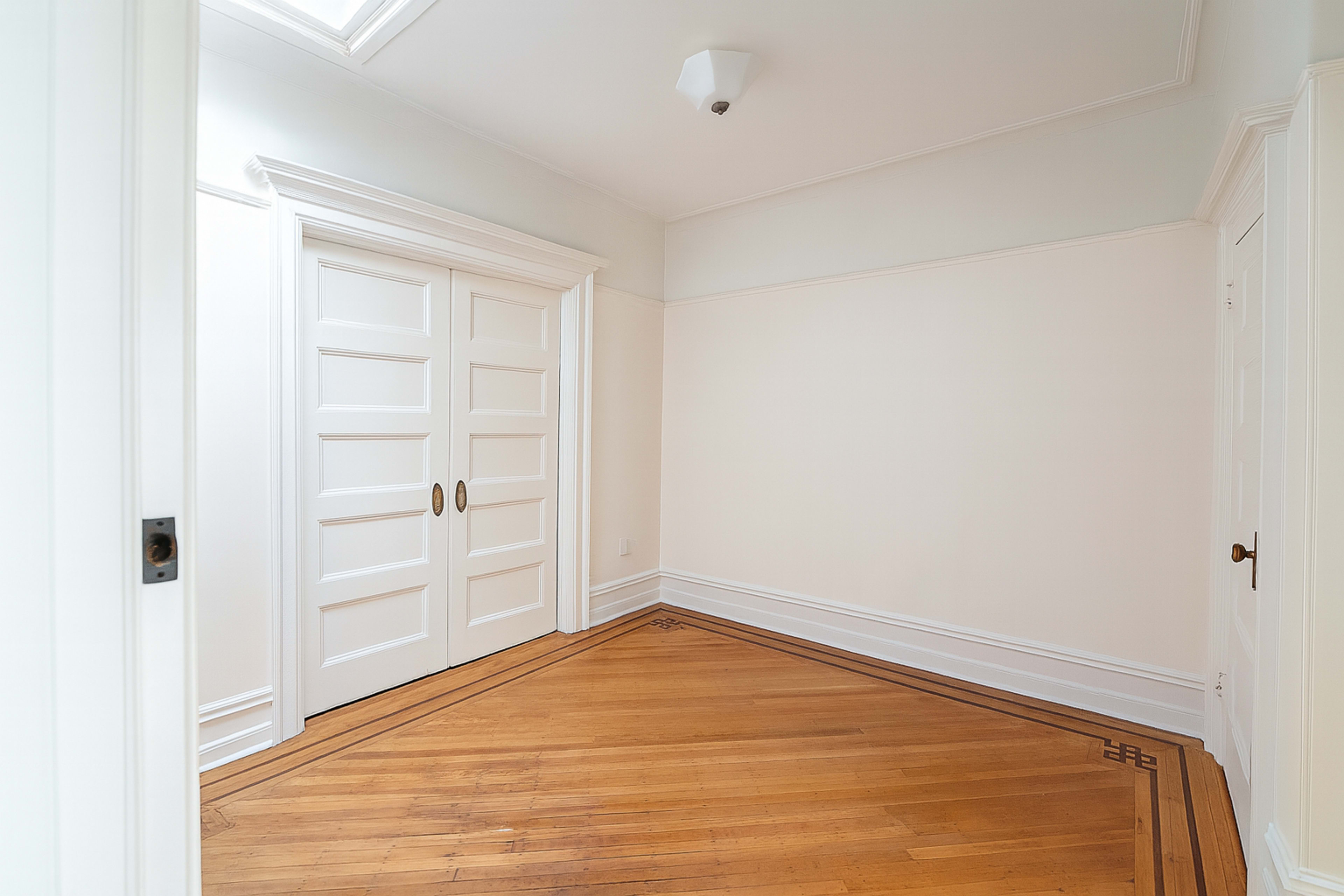 The image shows an empty corner of a room with white walls, hardwood flooring, and closet doors.