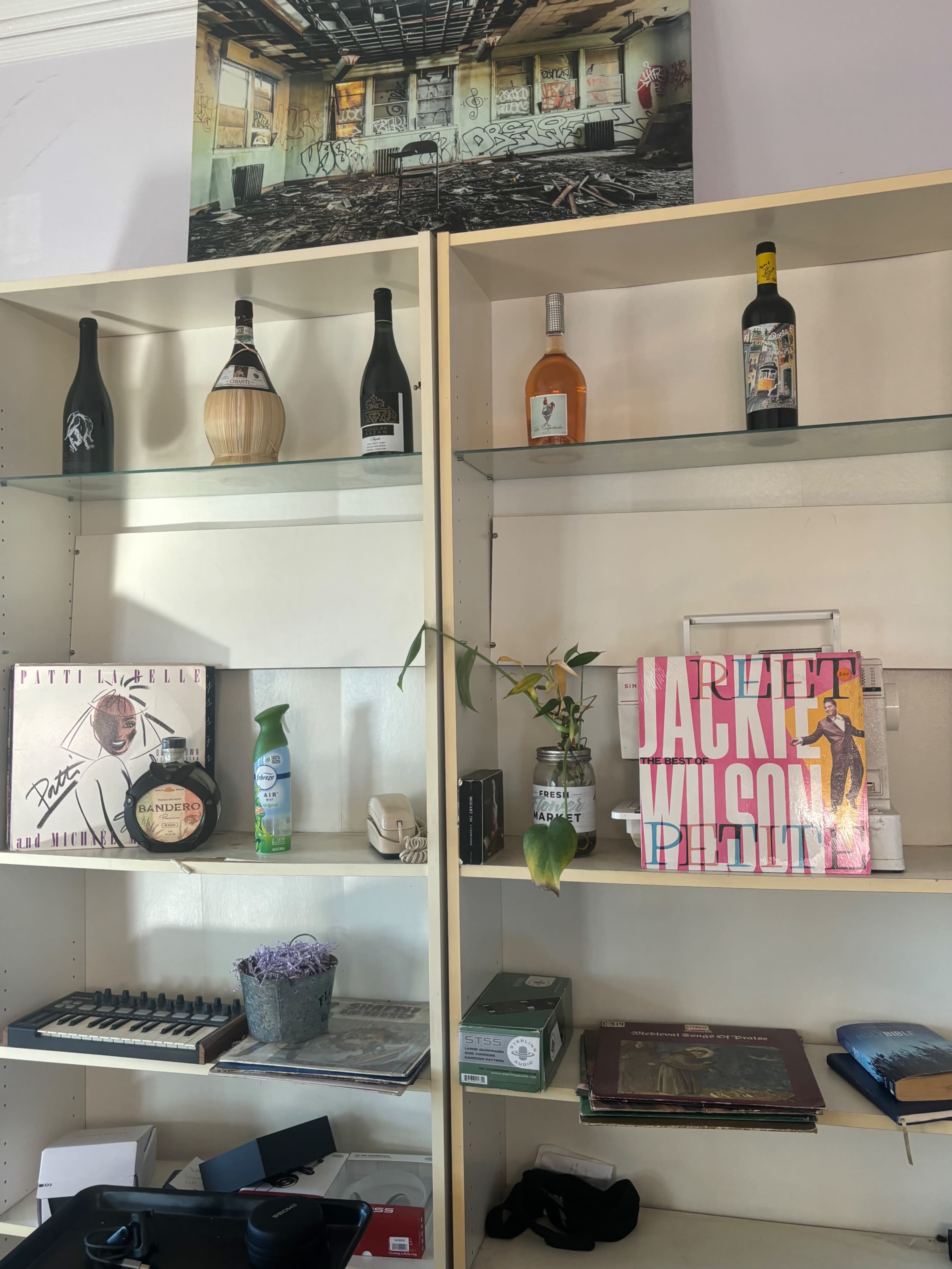 The image shows a set of shelves displaying various bottles, vinyl records, a plant, and other assorted items in a room with graffiti art on the wall above.