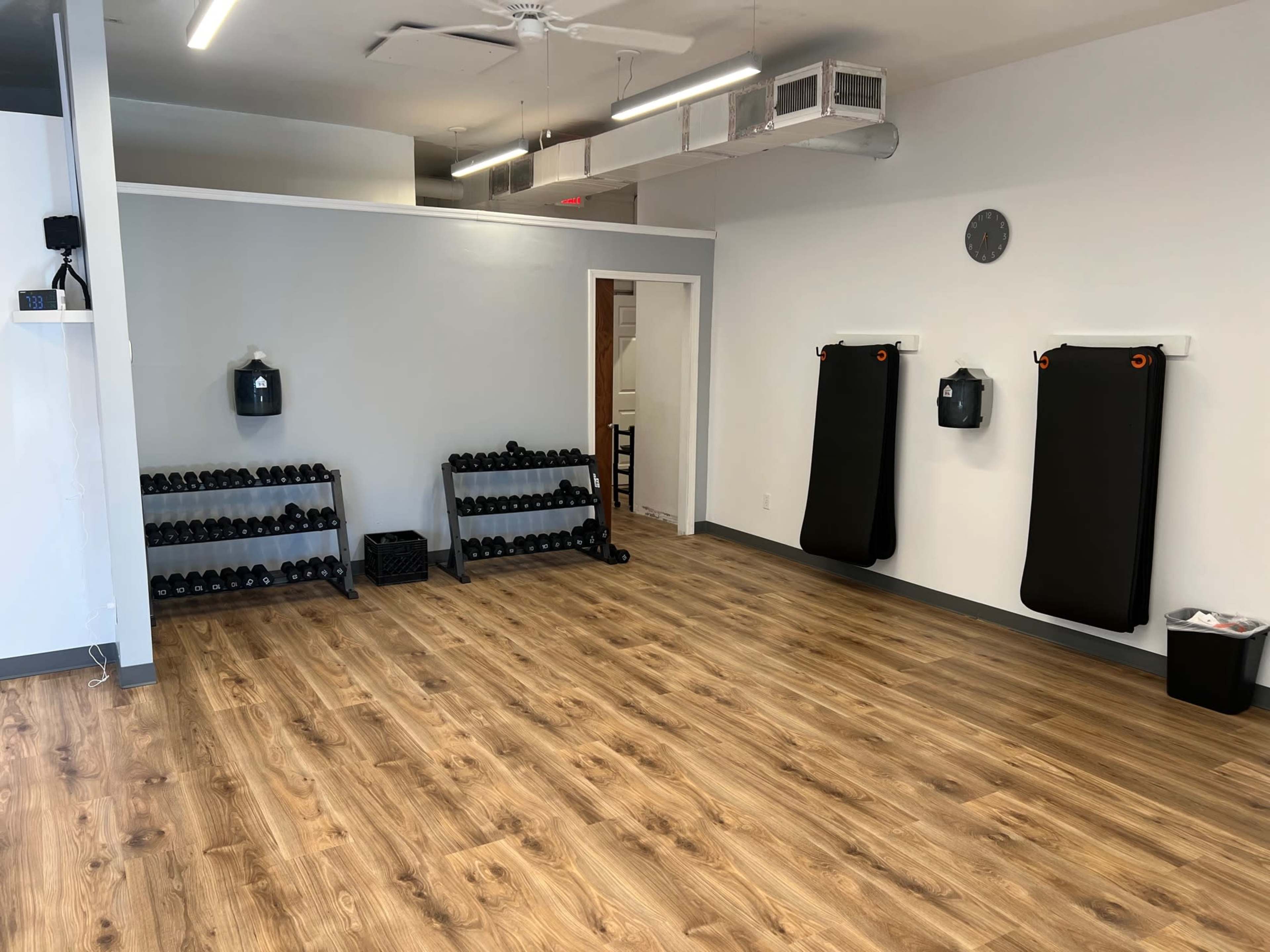 A sparsely furnished gym with shelves of dumbbells and two fitness mats mounted on the wall.