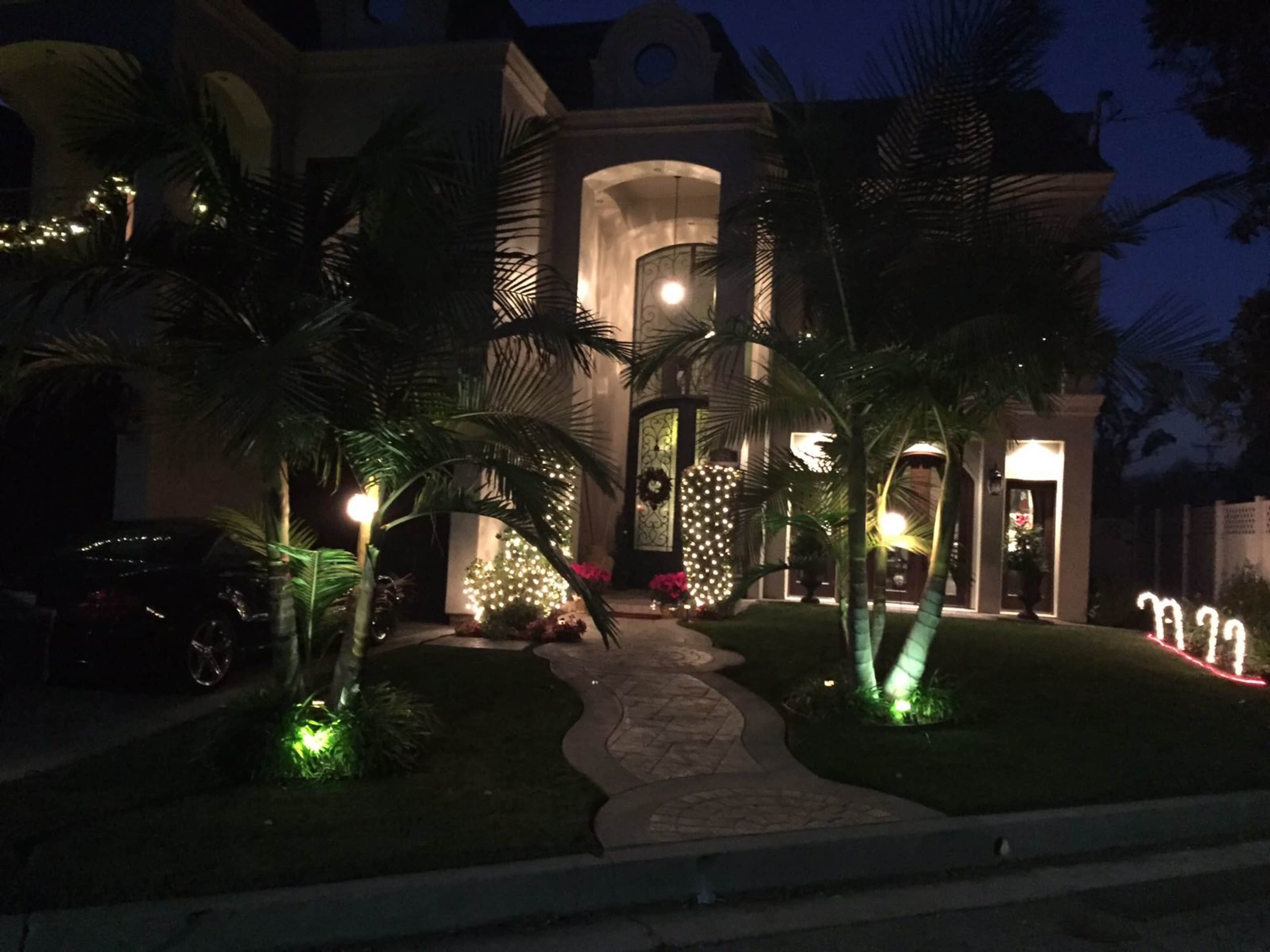 The image shows a well-lit house entrance adorned with holiday decorations, featuring palm trees and a stone pathway illuminated by landscape lights.