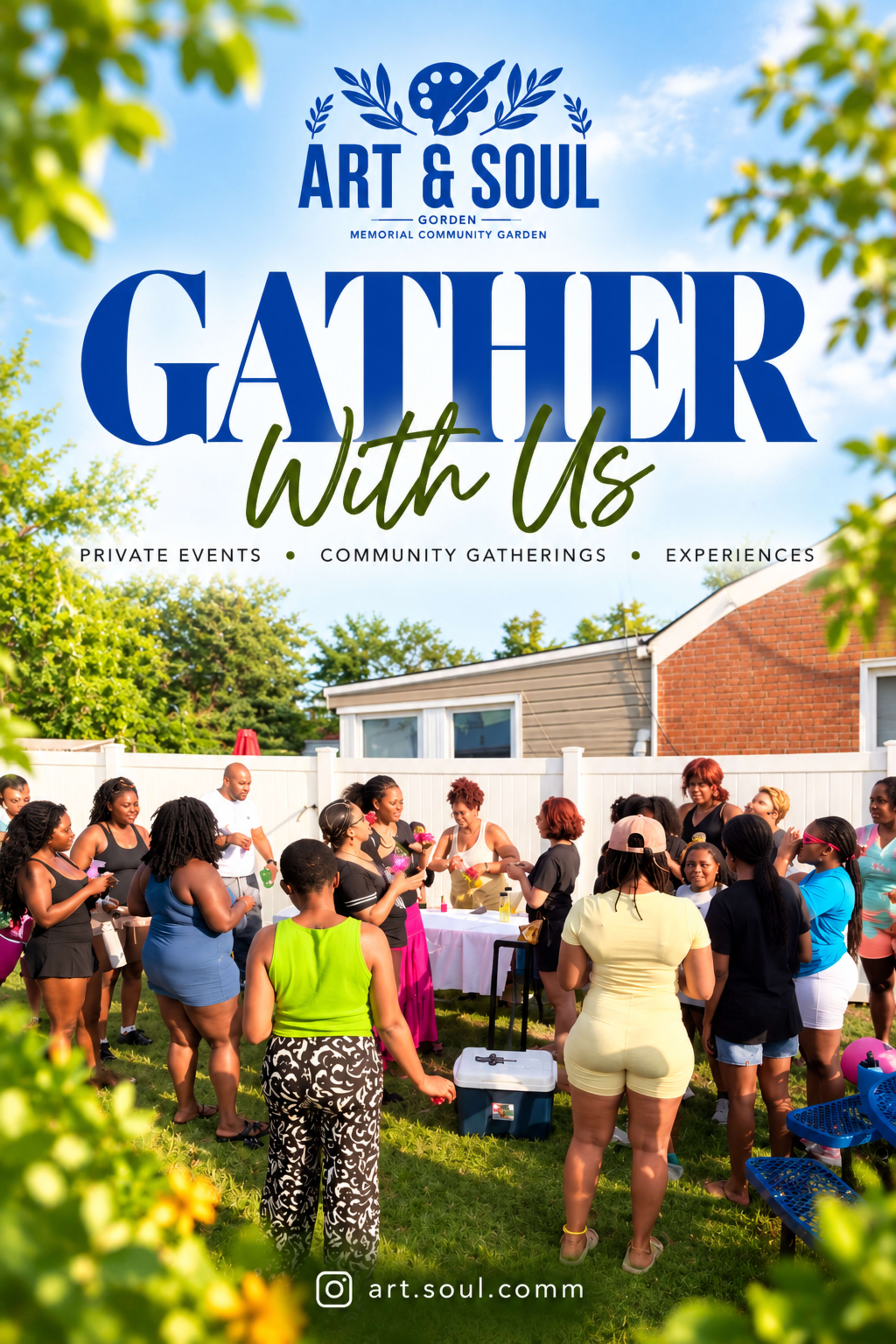 A diverse group of people is gathered outdoors in a community garden setting, participating in social activities.
