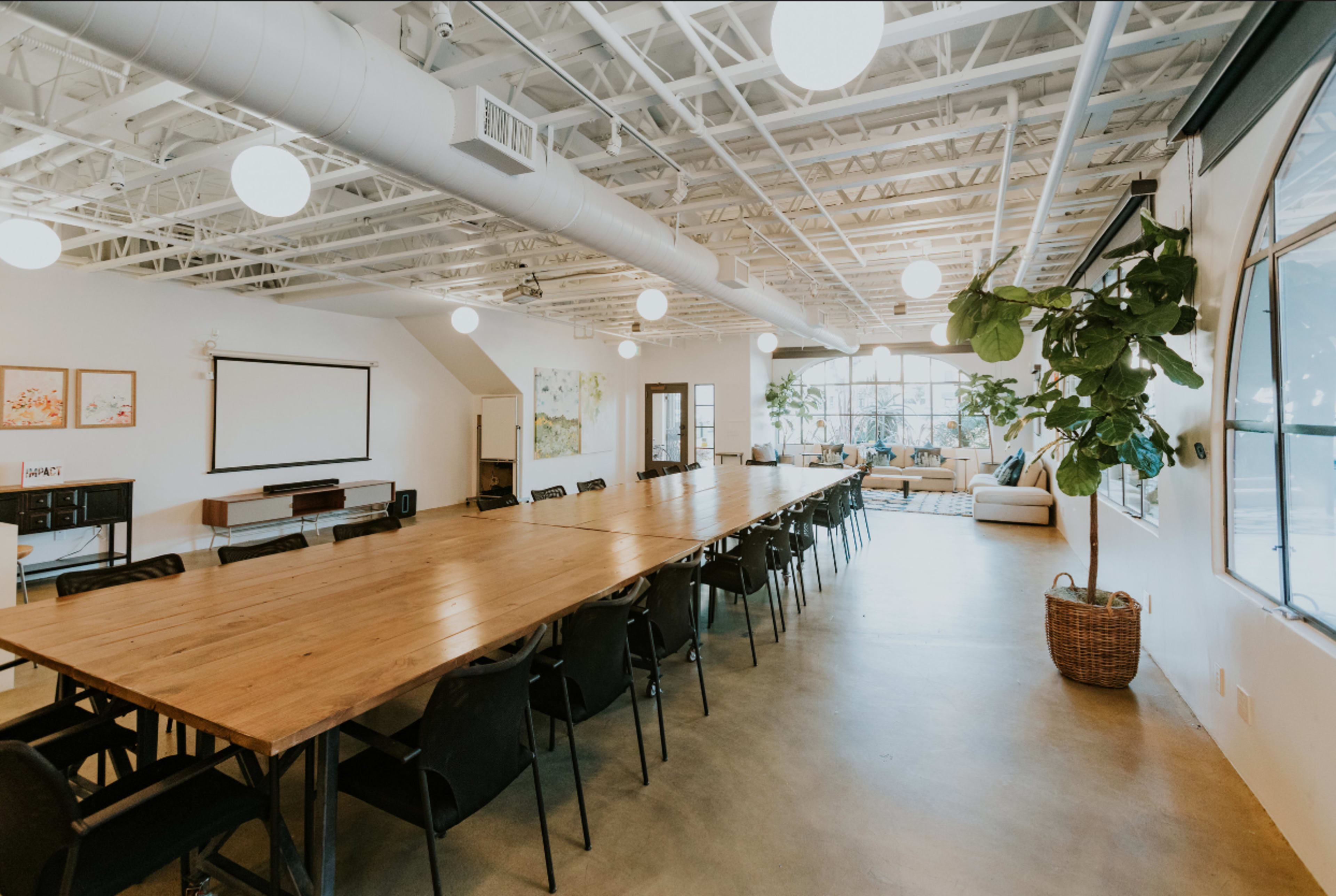 A large conference room features a long wooden table surrounded by black chairs, with windows allowing natural light and plants in the corners.