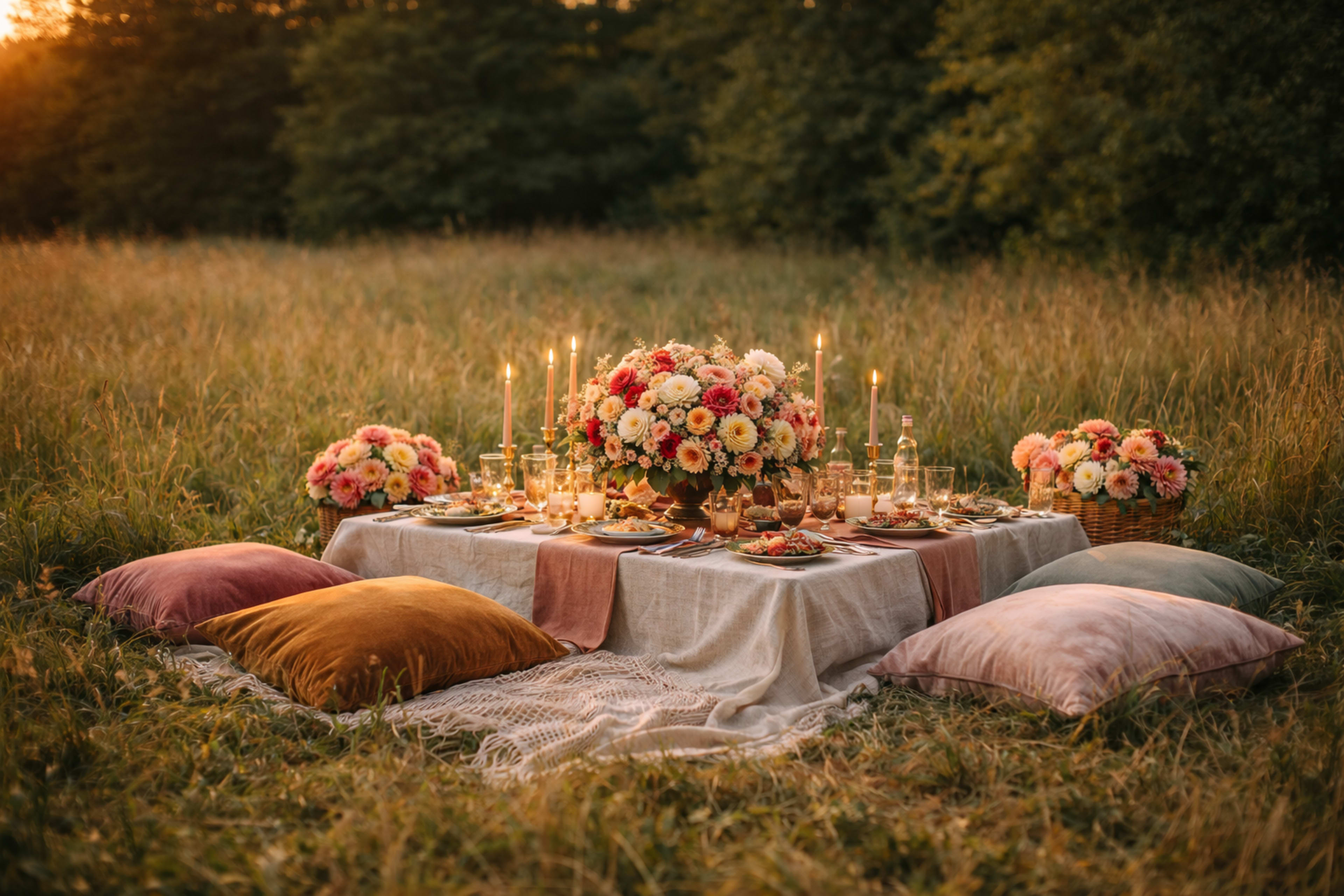 A beautifully arranged outdoor picnic table with a floral centerpiece, surrounded by candles and decorative pillows, set in a lush grassy field during sunset.