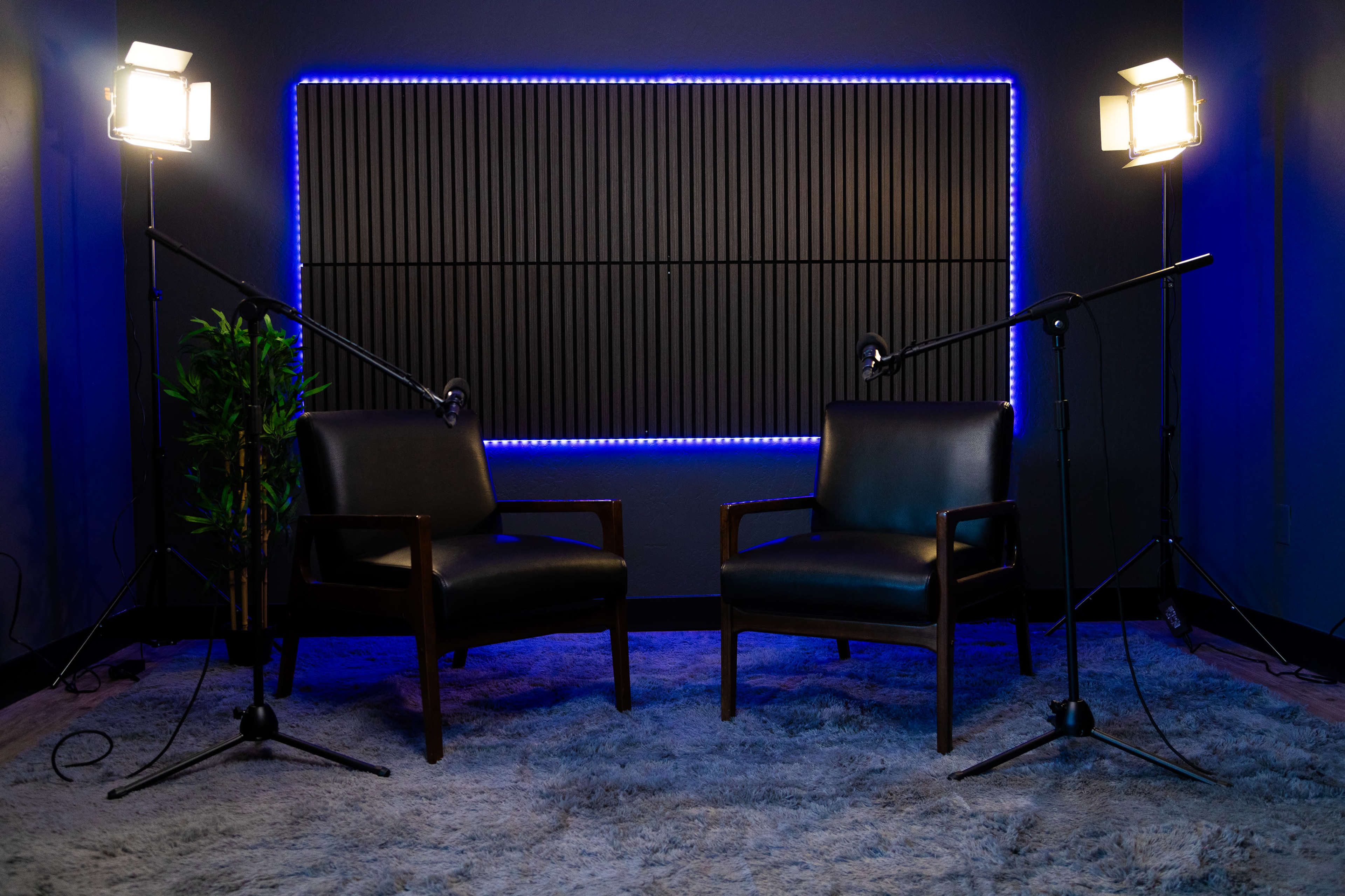 A podcast or interview setup features two black chairs under bright lights, with a blue neon backdrop and a potted plant in the corner.